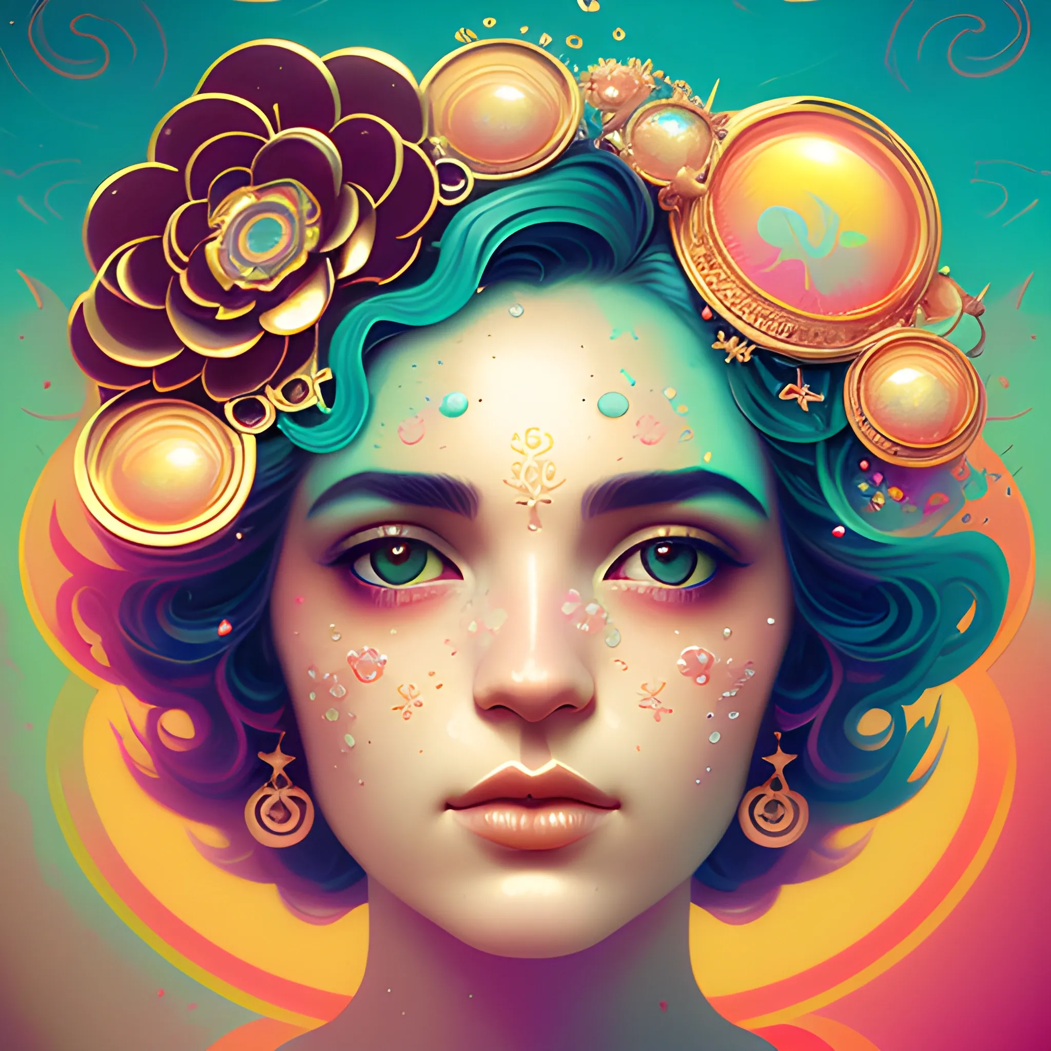 Flowery beautiful face with gold jewellery, by petros afshar, ross tran, Tom Bagshaw, tom whalen, underwater bubbly psychedelic clouds, Anaglyph 3D lens blur effect