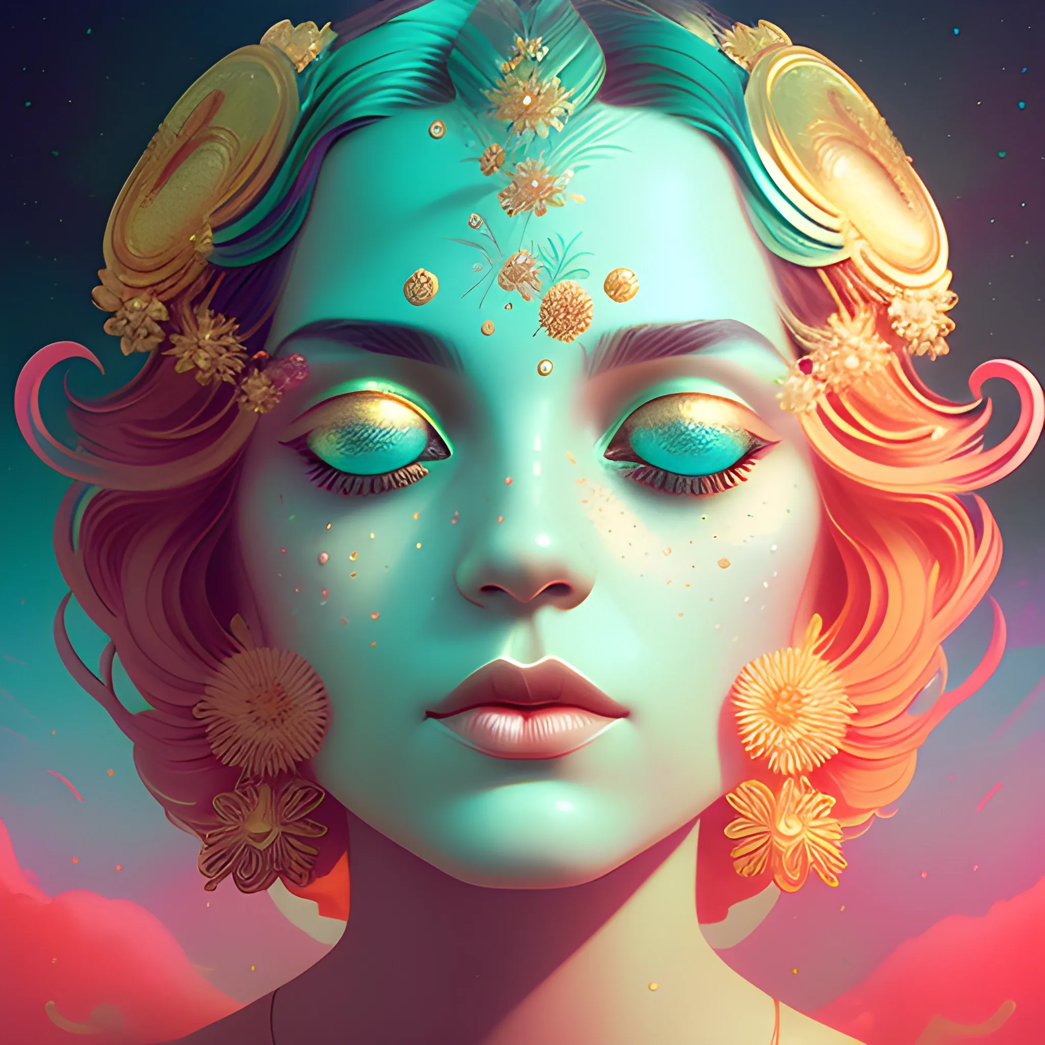 Flowery beautiful face with gold jewellery, by petros afshar, ross tran, Tom Bagshaw, tom whalen, underwater bubbly psychedelic clouds, Anaglyph 3D lens blur effect