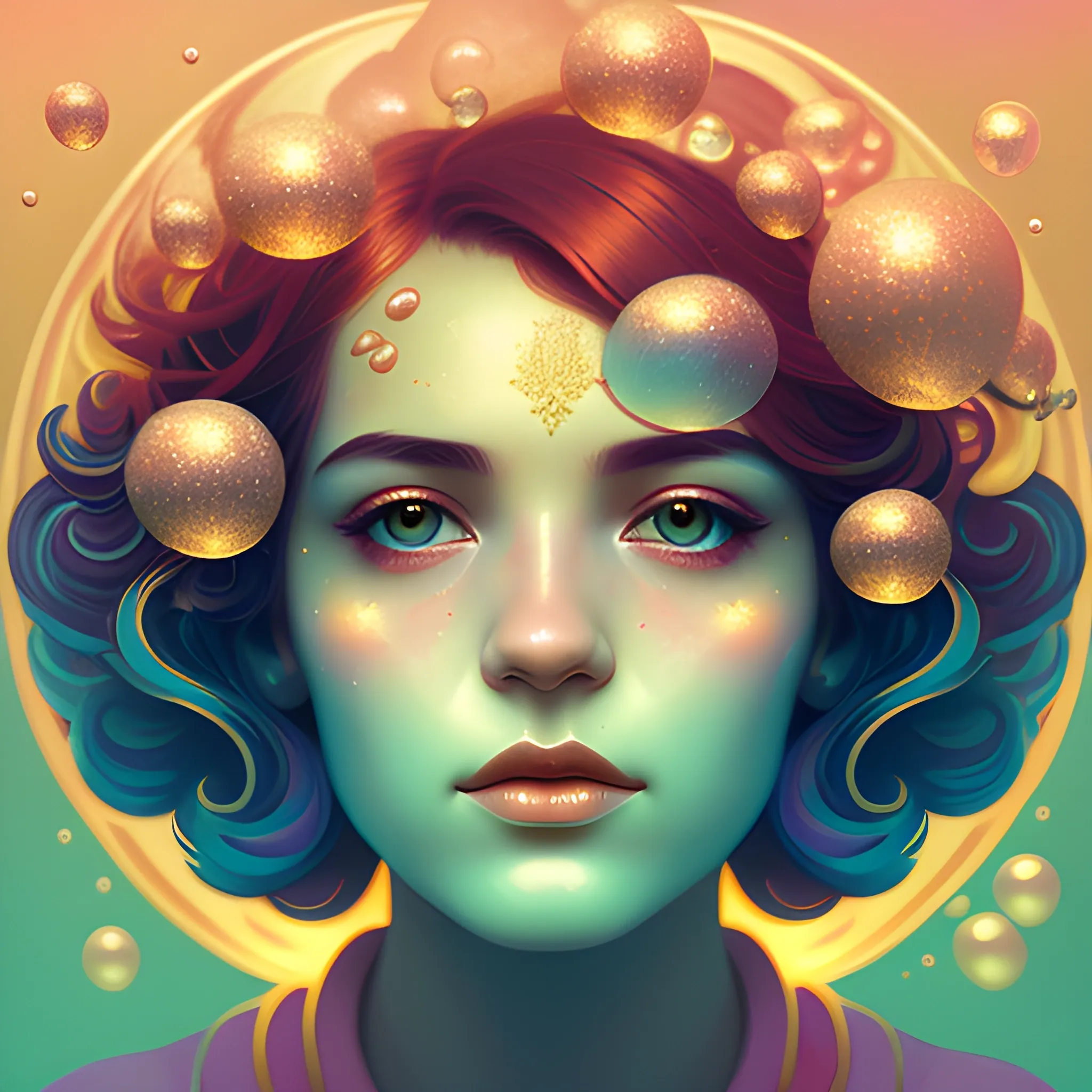 Flowery beautiful face with gold jewellery, by petros afshar, ross tran, Tom Bagshaw, tom whalen, underwater bubbly psychedelic clouds, Anaglyph 3D lens blur effect