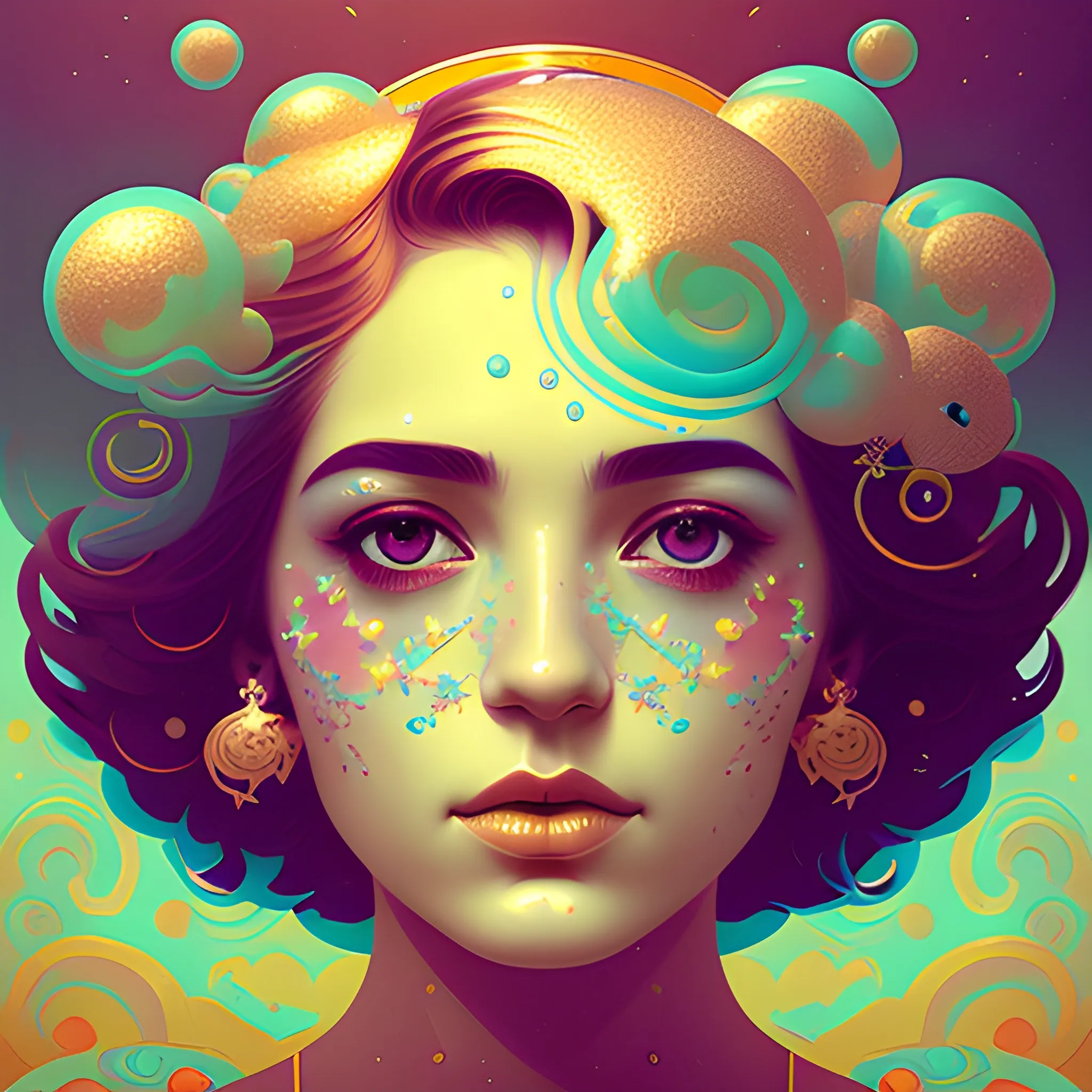 Flowery beautiful face with gold jewellery, by petros afshar, ross tran, Tom Bagshaw, tom whalen, underwater bubbly psychedelic clouds, Anaglyph 3D lens blur effect