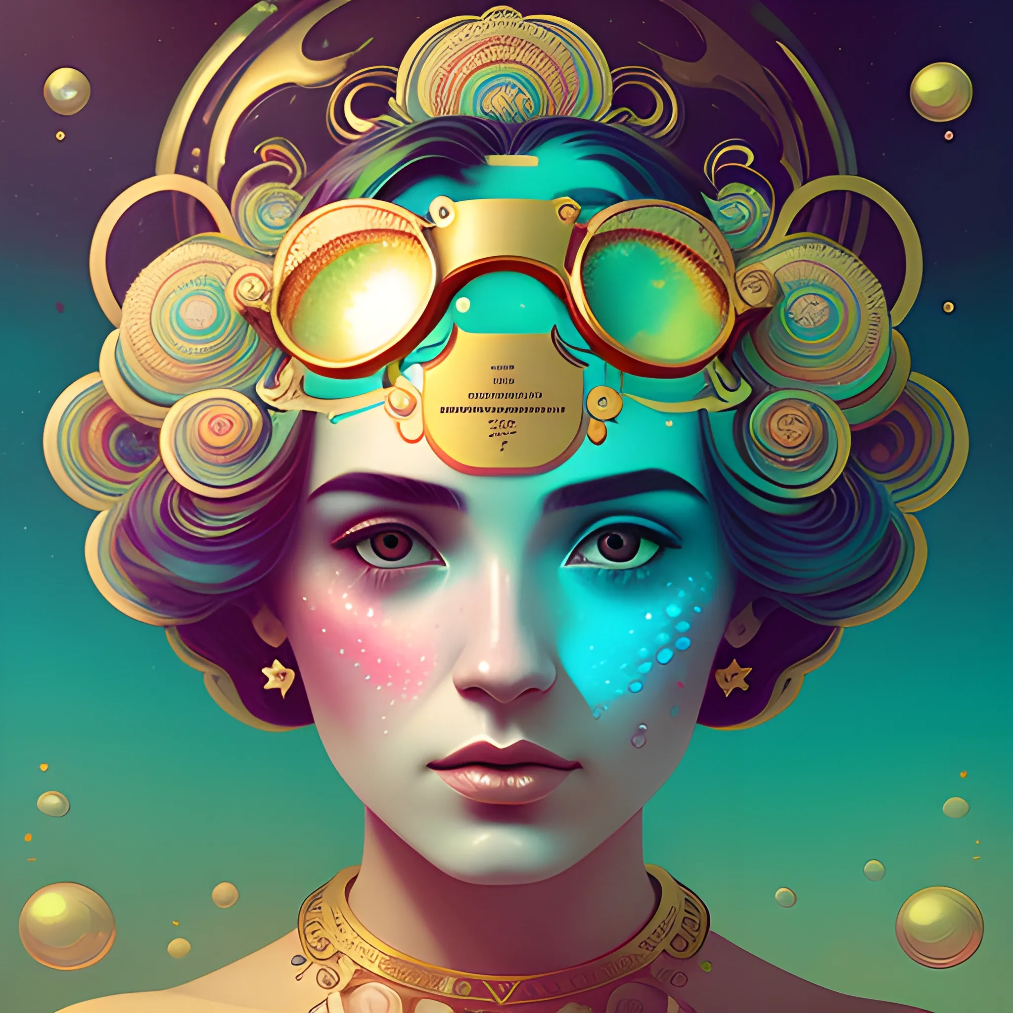 Flowery beautiful face with gold jewellery, by petros afshar, ross tran, Tom Bagshaw, tom whalen, underwater bubbly psychedelic clouds, Anaglyph 3D lens blur effect