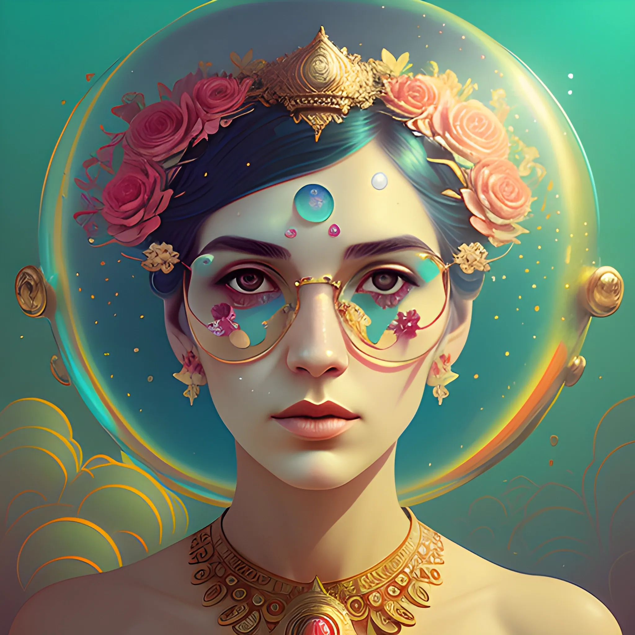 Flowery beautiful face with gold jewellery, by petros afshar, ross tran, Tom Bagshaw, tom whalen, underwater bubbly psychedelic clouds, Anaglyph 3D lens blur effect