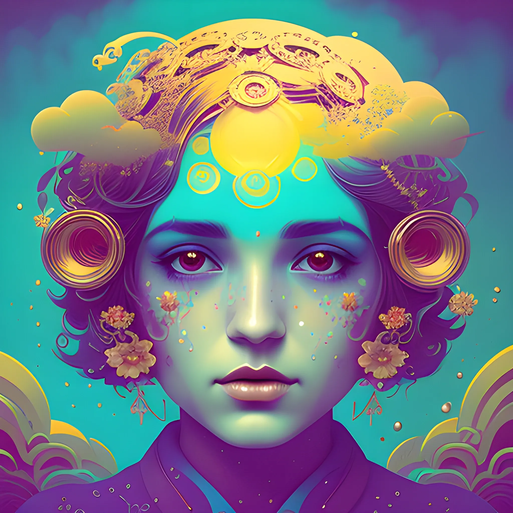 Flowery beautiful face with gold jewellery, by petros afshar, ross tran, Tom Bagshaw, tom whalen, underwater bubbly psychedelic clouds, Anaglyph 3D lens blur effect