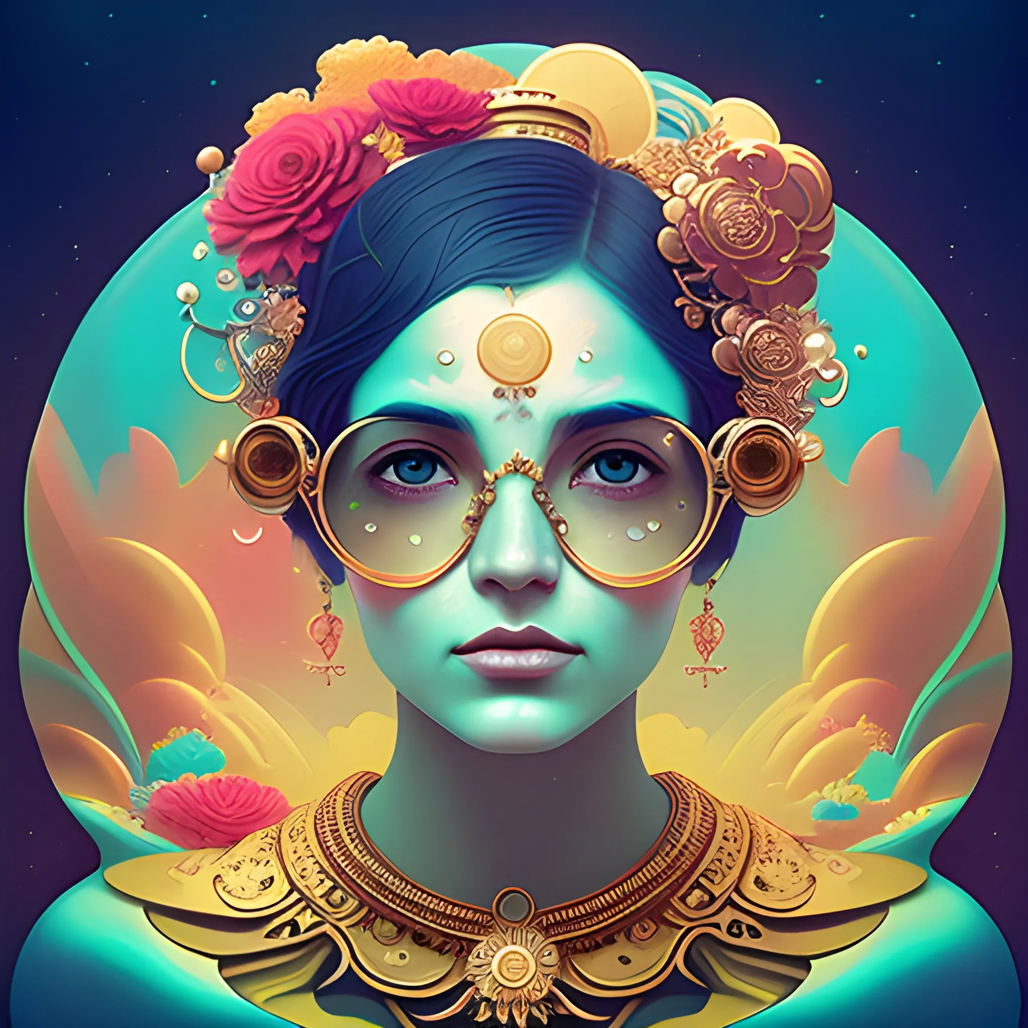 Flowery beautiful face with gold jewellery, by petros afshar, ross tran, Tom Bagshaw, tom whalen, underwater bubbly psychedelic clouds, Anaglyph 3D lens blur effect