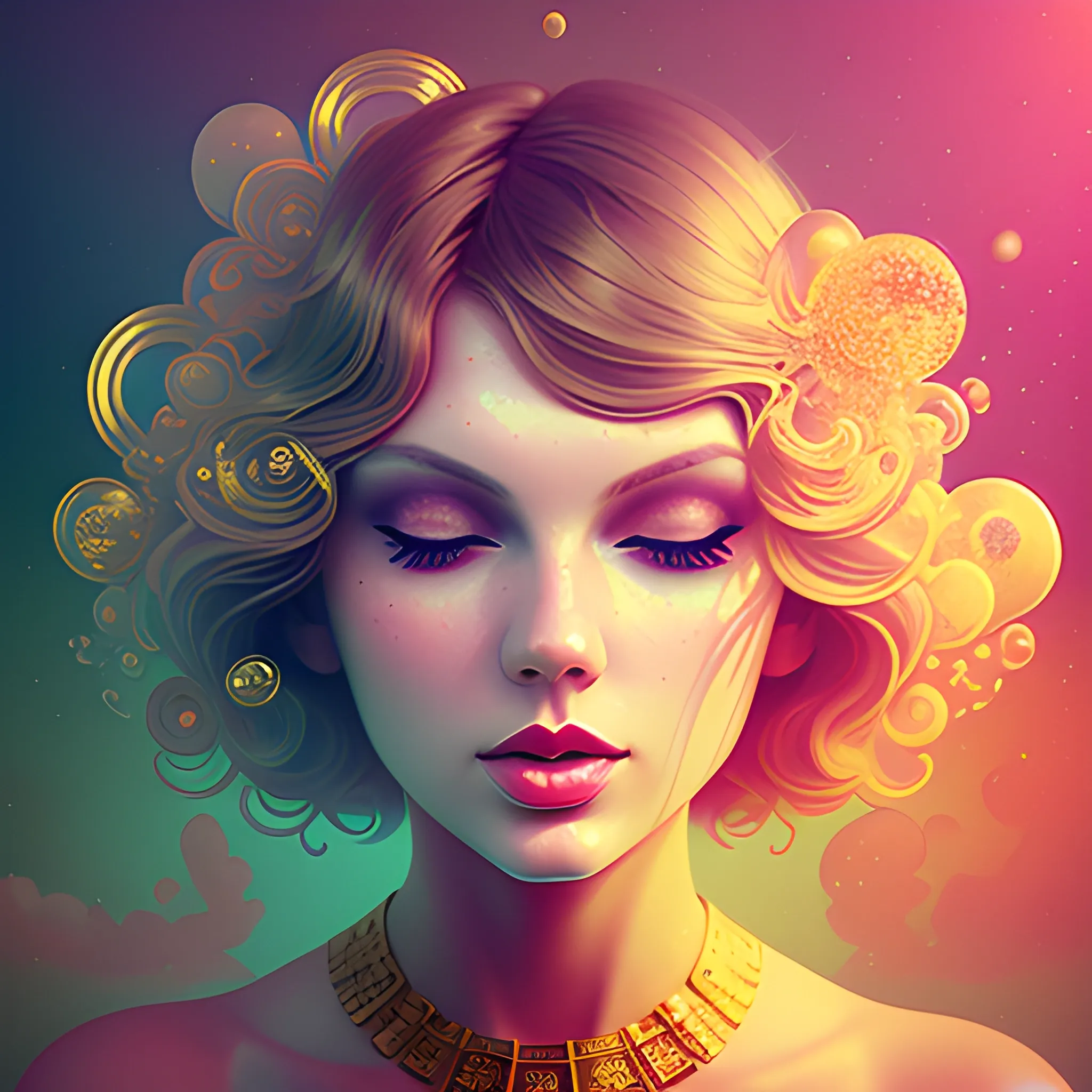 Flowery beautiful face like Taylor swift with gold jewellery, by petros afshar, ross tran, Tom Bagshaw, tom whalen, underwater bubbly psychedelic clouds, Anaglyph 3D lens blur effect