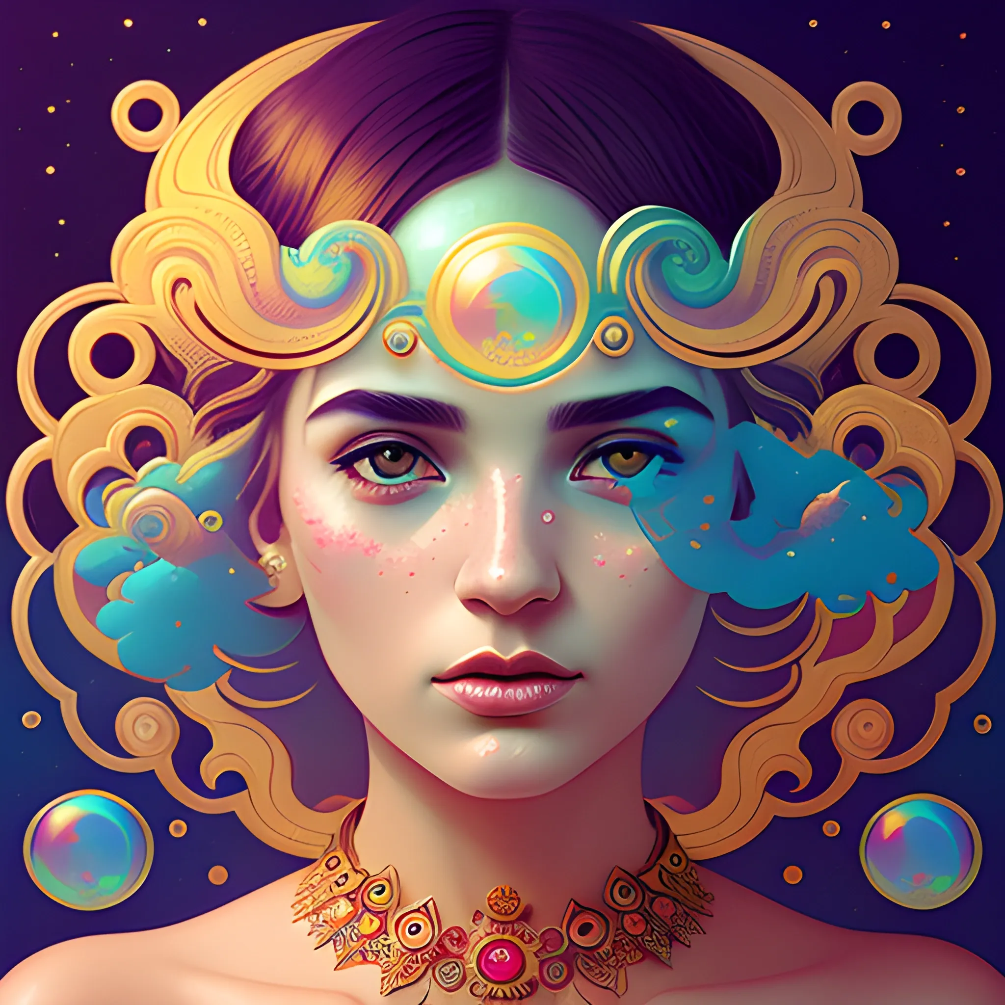 Flowery beautiful face with gold jewellery, by petros afshar, ross tran, Tom Bagshaw, tom whalen, underwater bubbly psychedelic clouds, Anaglyph 3D lens blur effect