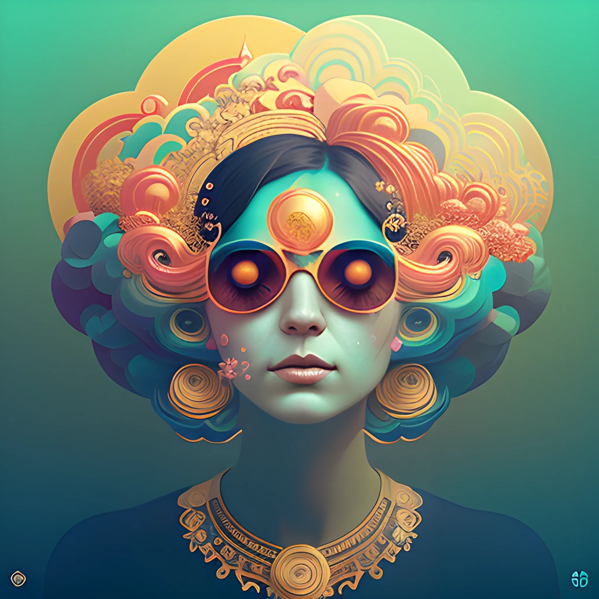 Flowery beautiful face with gold jewellery, by petros afshar, ross tran, Tom Bagshaw, tom whalen, underwater bubbly psychedelic clouds, Anaglyph 3D lens blur effect