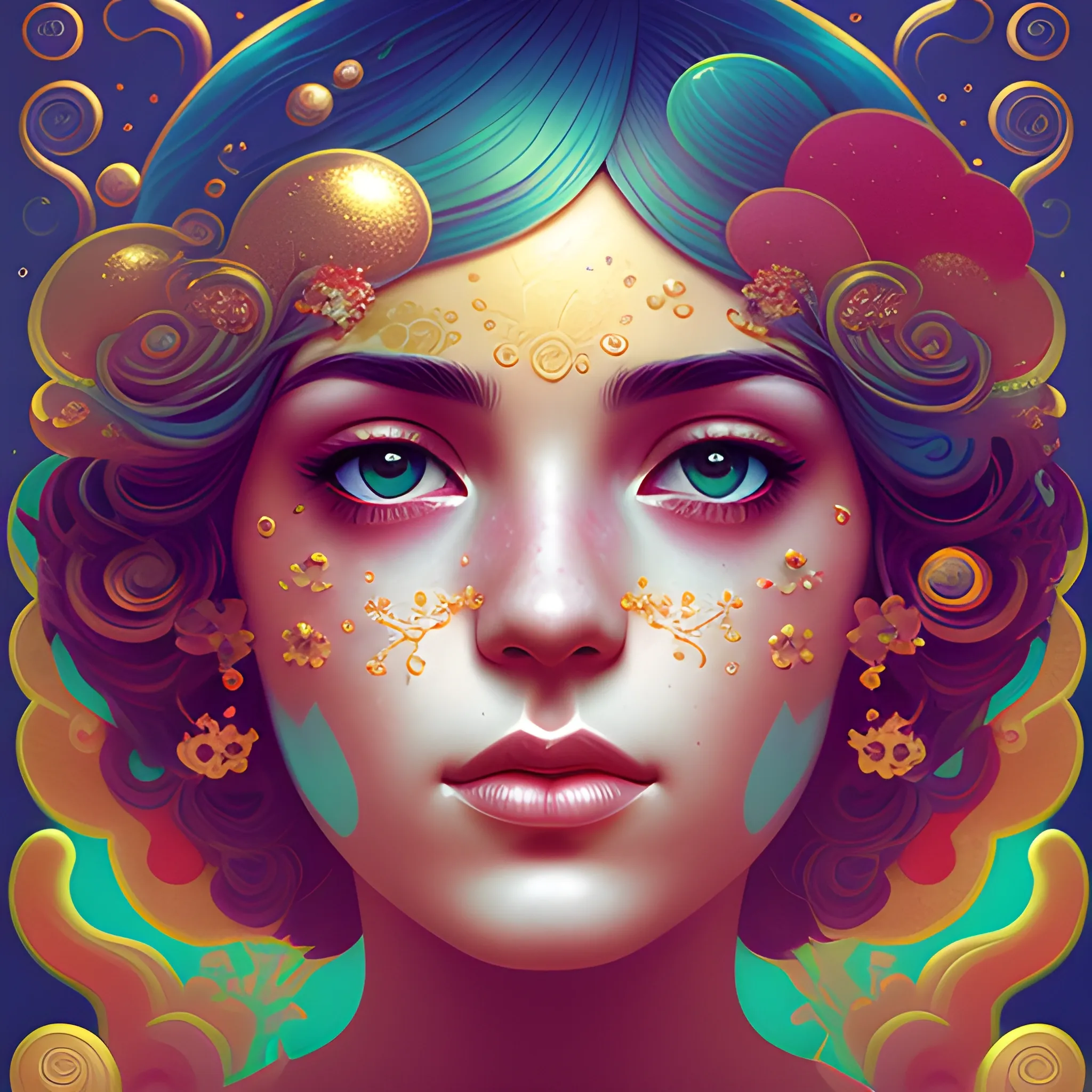 Flowery beautiful face with gold jewellery, by petros afshar, ross tran, Tom Bagshaw, tom whalen, underwater bubbly psychedelic clouds, Anaglyph 3D lens blur effect