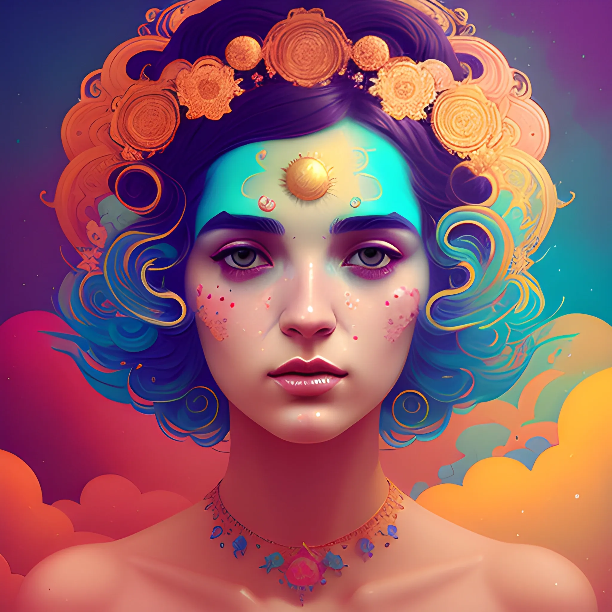 Flowery beautiful face with gold jewellery, by petros afshar, ross tran, Tom Bagshaw, tom whalen, underwater bubbly psychedelic clouds, Anaglyph 3D lens blur effect