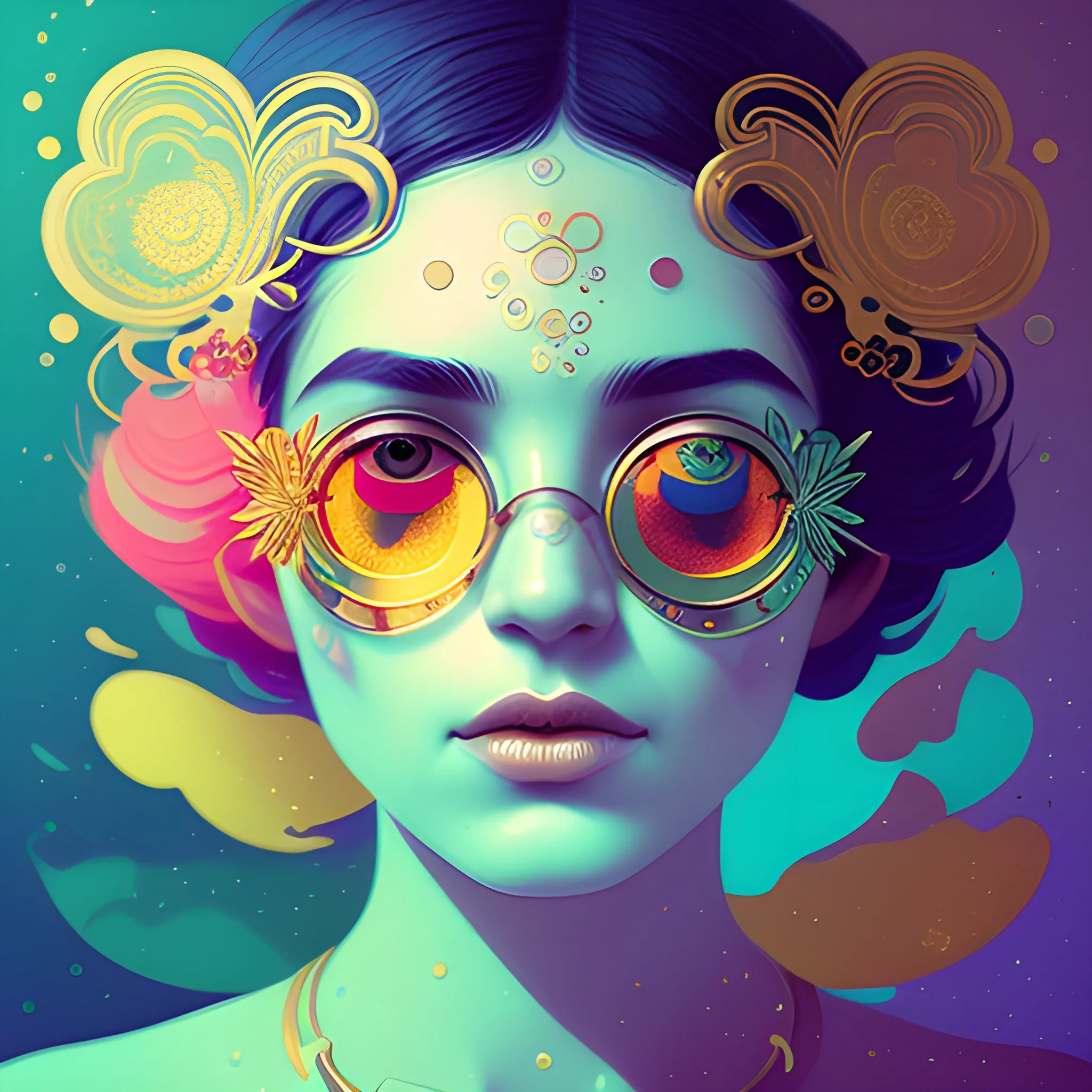 Flowery beautiful face with gold jewellery, by petros afshar, ross tran, Tom Bagshaw, tom whalen, underwater bubbly psychedelic clouds, Anaglyph 3D lens blur effect