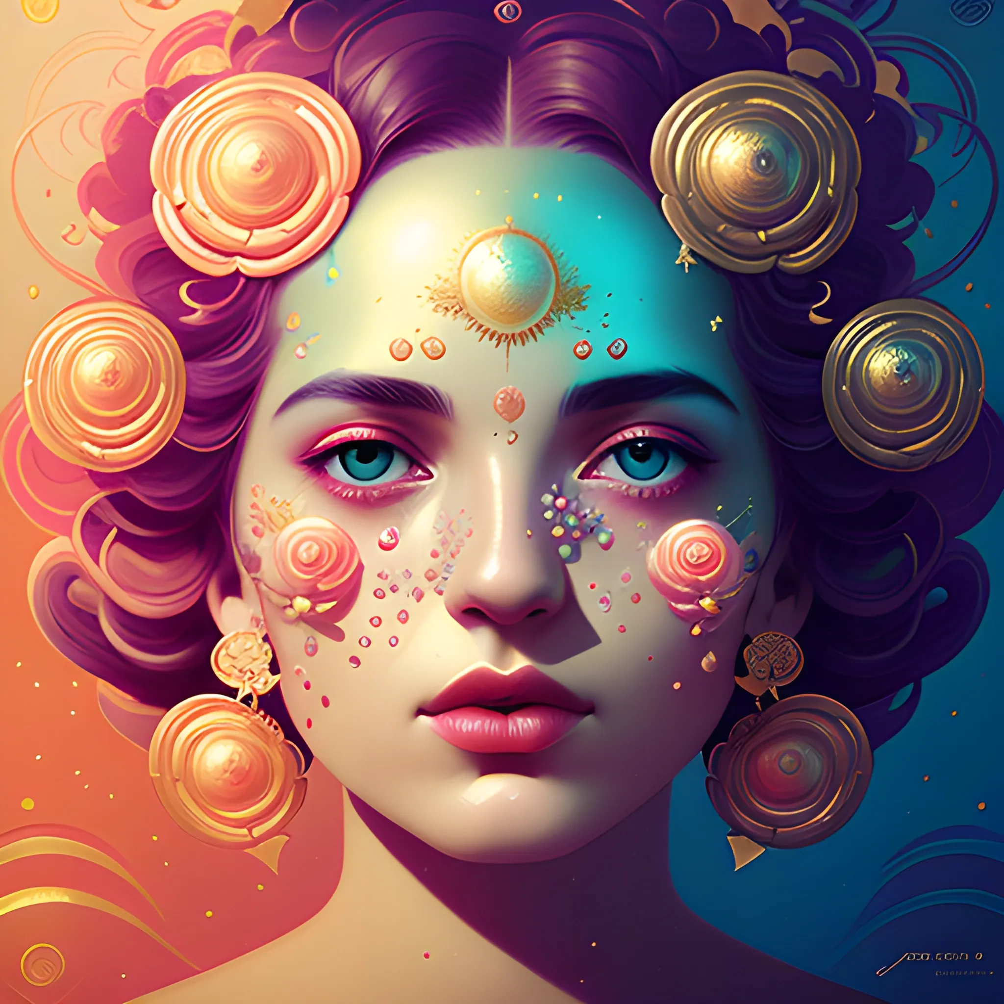 Flowery beautiful face with gold jewellery, by petros afshar, ross tran, Tom Bagshaw, tom whalen, underwater bubbly psychedelic clouds, Anaglyph 3D lens blur effect