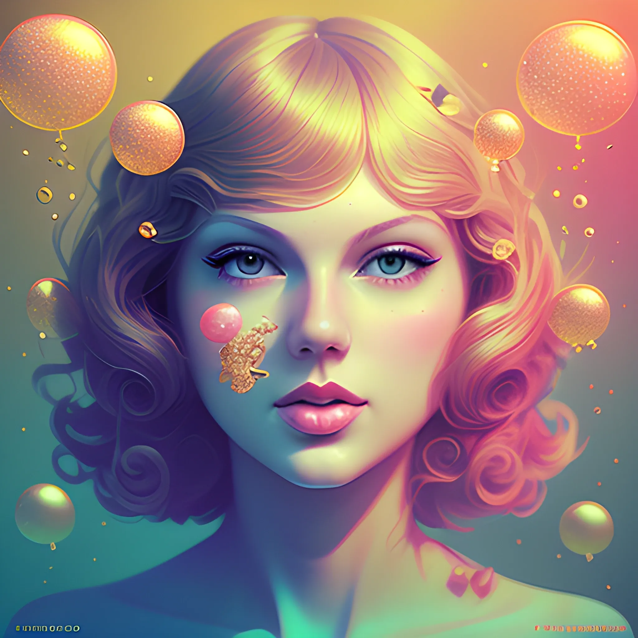 Flowery beautiful face like Taylor swift with gold jewellery, by petros afshar, ross tran, Tom Bagshaw, tom whalen, underwater bubbly psychedelic clouds, Anaglyph 3D lens blur effect