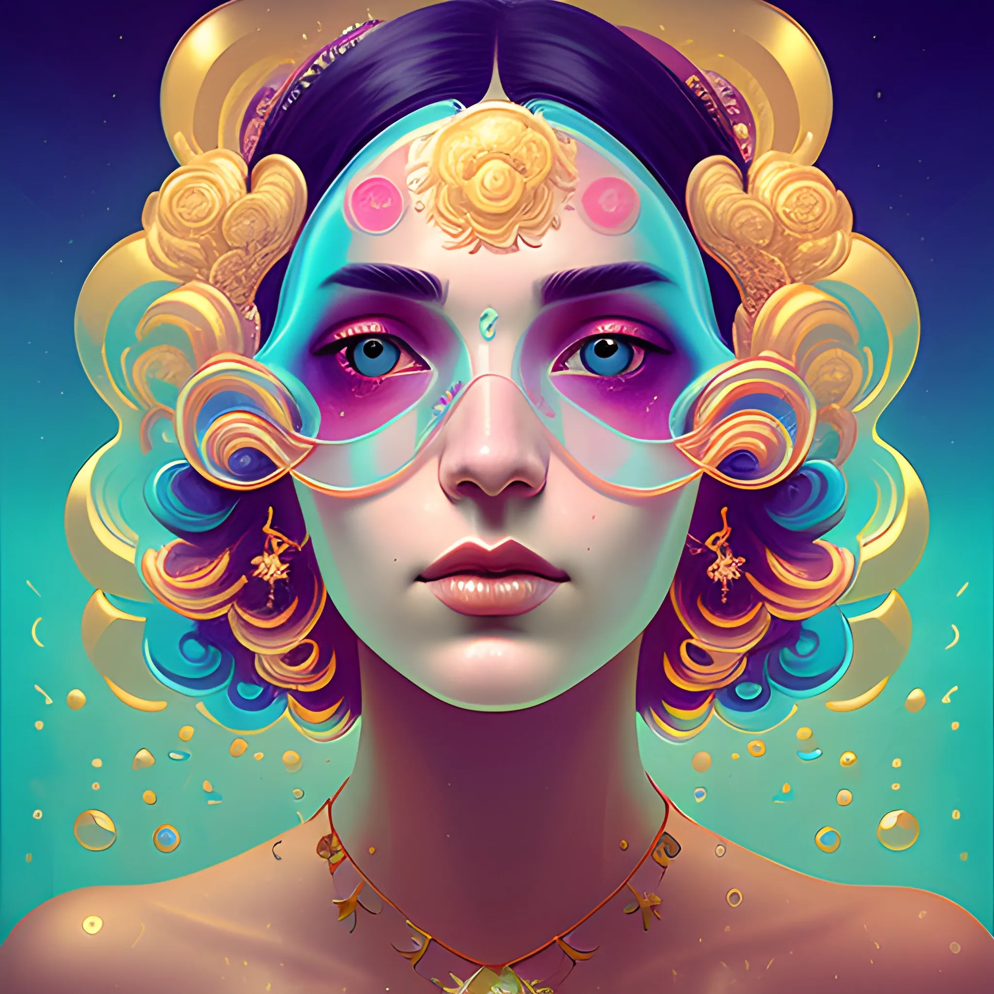 Flowery beautiful face with gold jewellery, by petros afshar, ross tran, Tom Bagshaw, tom whalen, underwater bubbly psychedelic clouds, Anaglyph 3D lens blur effect