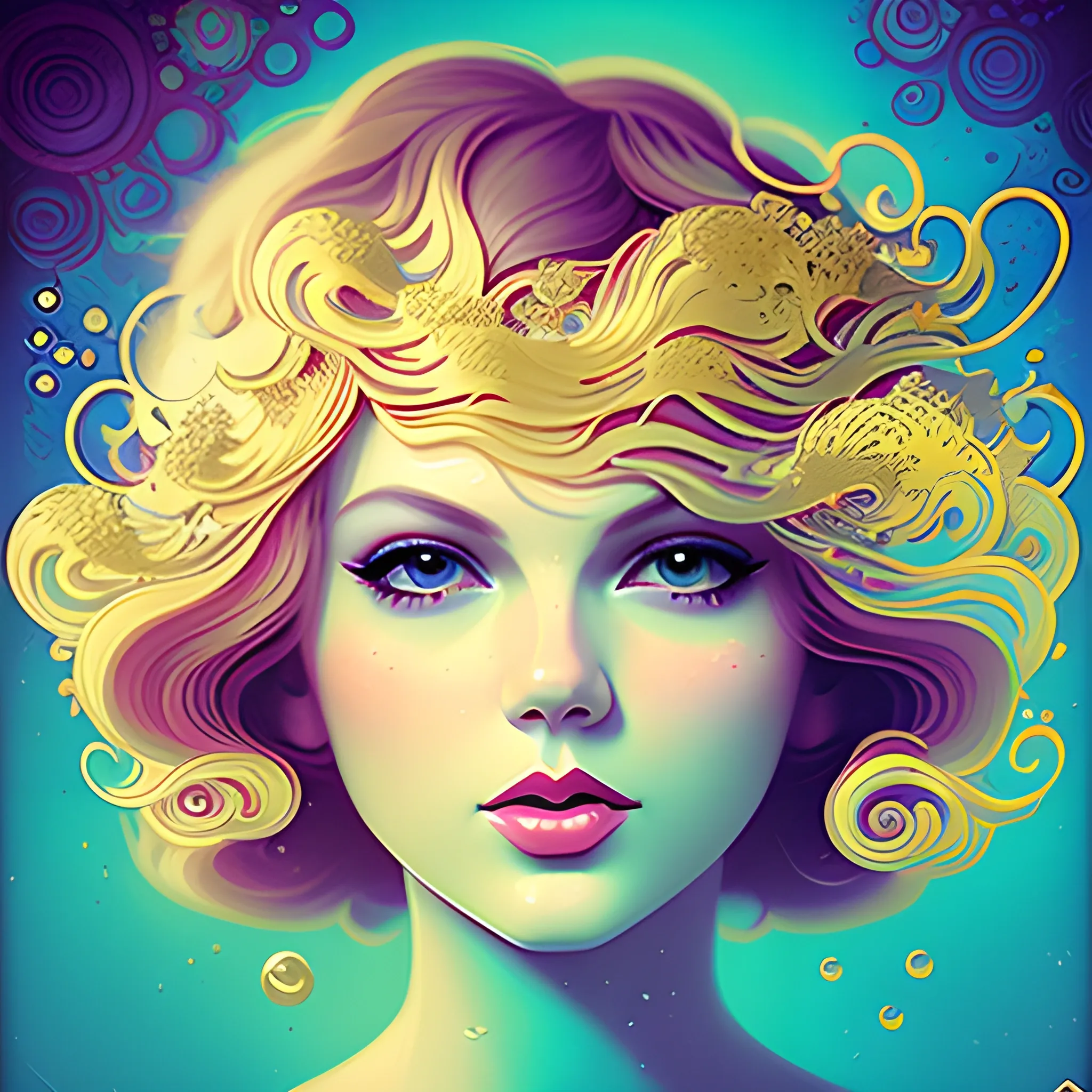 Flowery beautiful face like Taylor swift with gold jewellery, by petros afshar, ross tran, Tom Bagshaw, tom whalen, underwater bubbly psychedelic clouds, Anaglyph 3D lens blur effect