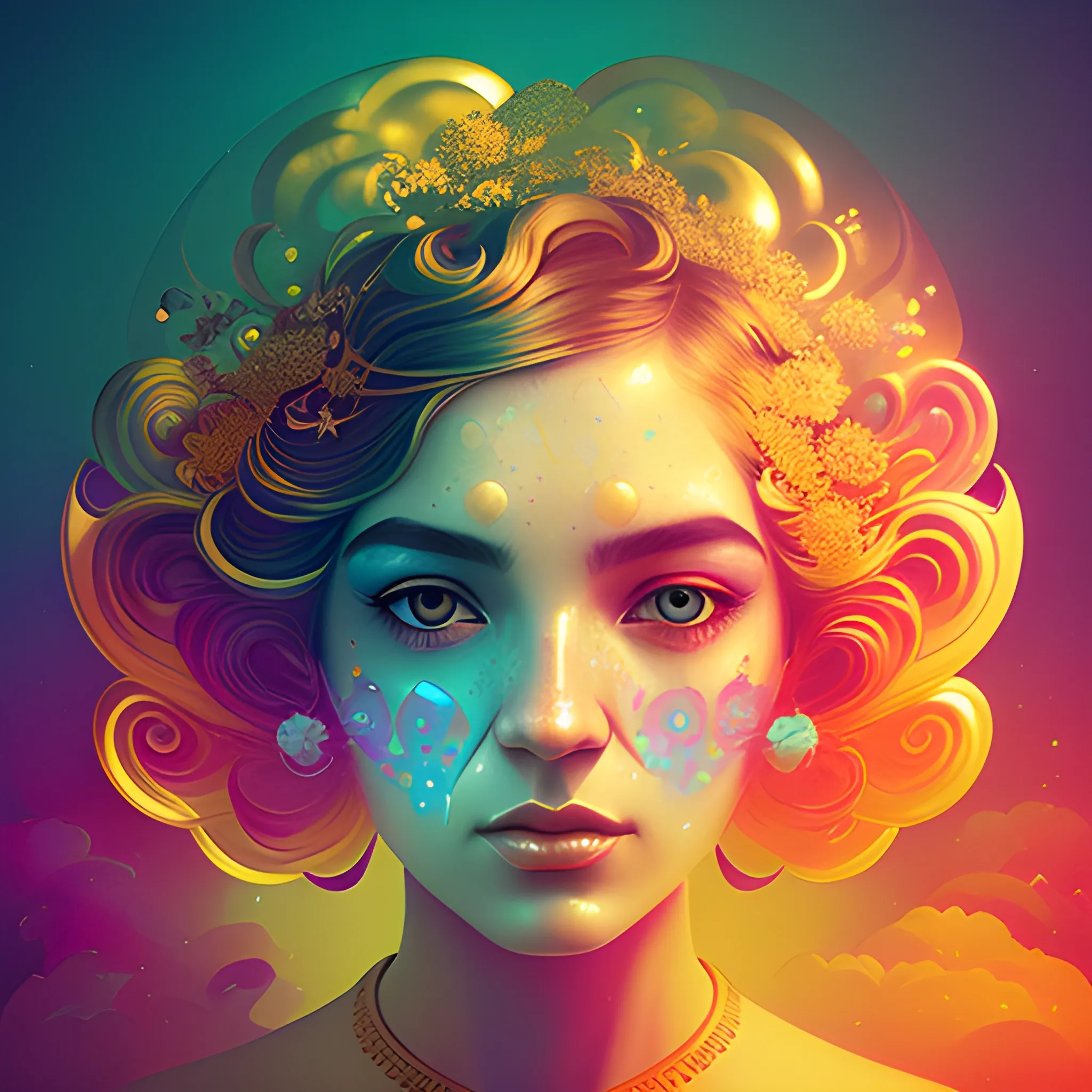 Flowery beautiful face with gold jewellery, by petros afshar, ross tran, Tom Bagshaw, tom whalen, underwater bubbly psychedelic clouds, Anaglyph 3D lens blur effect