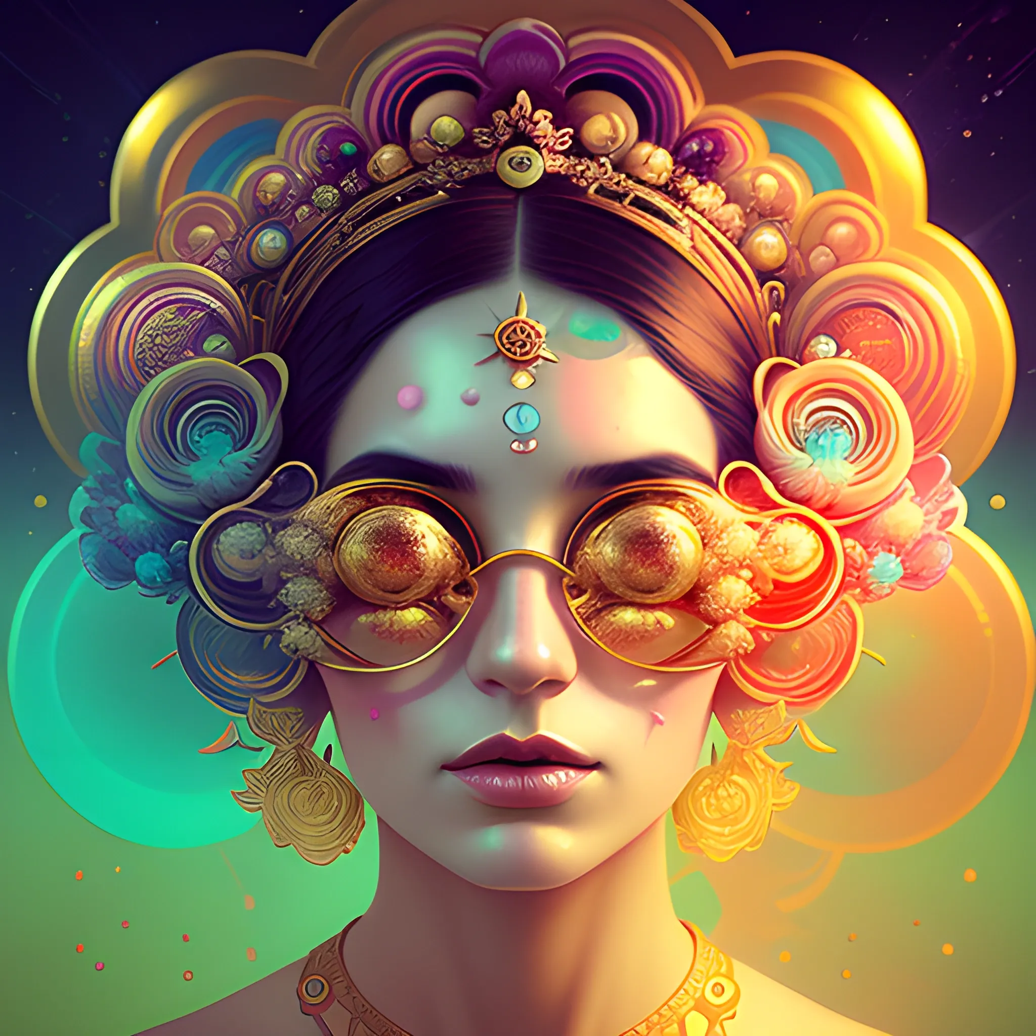 Flowery beautiful face with gold jewellery, by petros afshar, ross tran, Tom Bagshaw, tom whalen, underwater bubbly psychedelic clouds, Anaglyph 3D lens blur effect