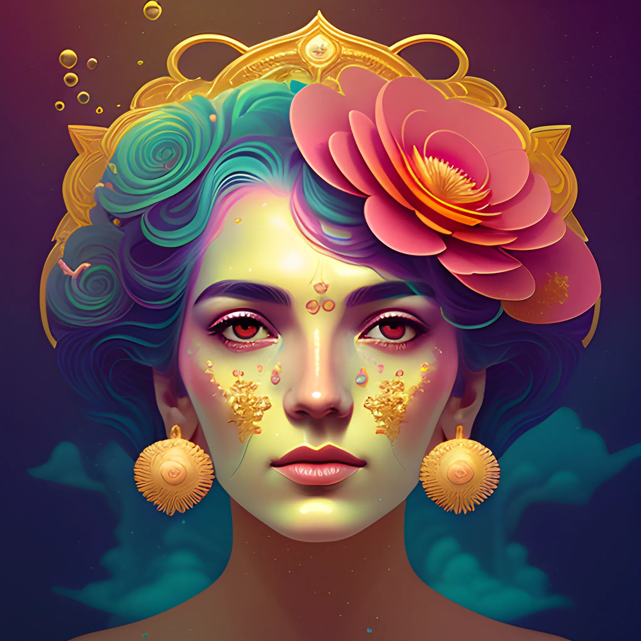 Flowery beautiful face with gold jewellery, by petros afshar, ross tran, Tom Bagshaw, tom whalen, underwater bubbly psychedelic clouds, Anaglyph 3D lens blur effect