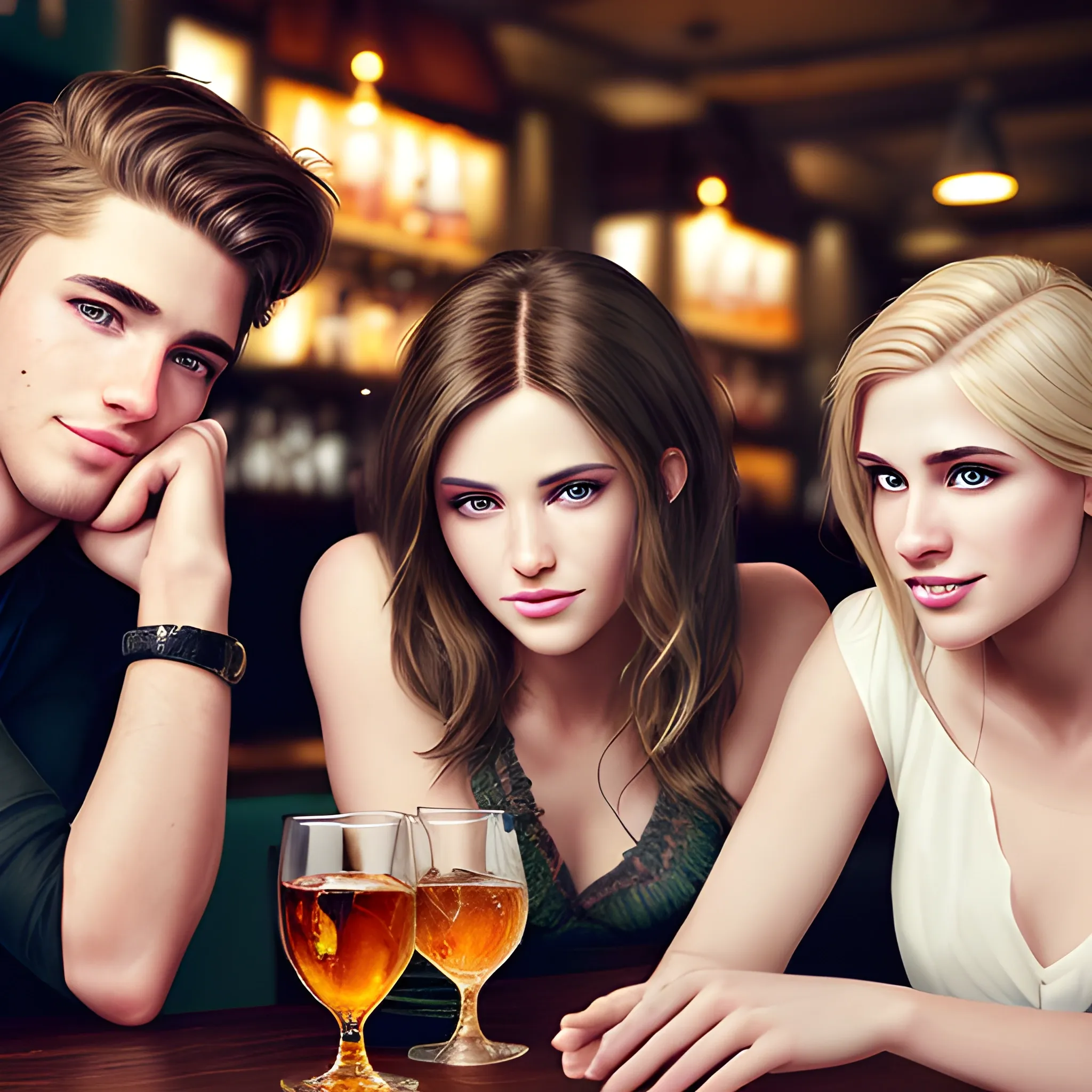 Create a photo of a group of 4 friends hanging out in a bar, smiling and drinking whiskey, the group of friends is made up of 2 men and 2 women, (the women are characterized: a woman with green and brown hair, the second woman is blonde, the women wear fashionable clothes, have beautiful eyes, and their faces are angelic), (the men have black hair, the men are elegant, fashionable men, manly face, athletic bodies), the characteristics of the image They are: realistic faces, real skin, realistic face, realistic skin, detailed eyes, detailed facial features, detailed clothing features, fashionable clothes, fashionable hairstyle, dynamic poses, looking at viewer, simple background, smile, detailed face. Realistic Image, Photorealistic, Award Winning Illustration, Delicate Detail, Intricate Details, Cinematic Light, Best Quality Backlight, Clear Line, Sharp Focus, Official Art, Drive 8k Wallpapers, High Image Resolution, Ultra Detailed, High Resolution, extremely detailed, extremely delicate and beautiful, RAW photo, professional lighting, dynamic lighting, light on face, depth of field, single focus, full body, slender.