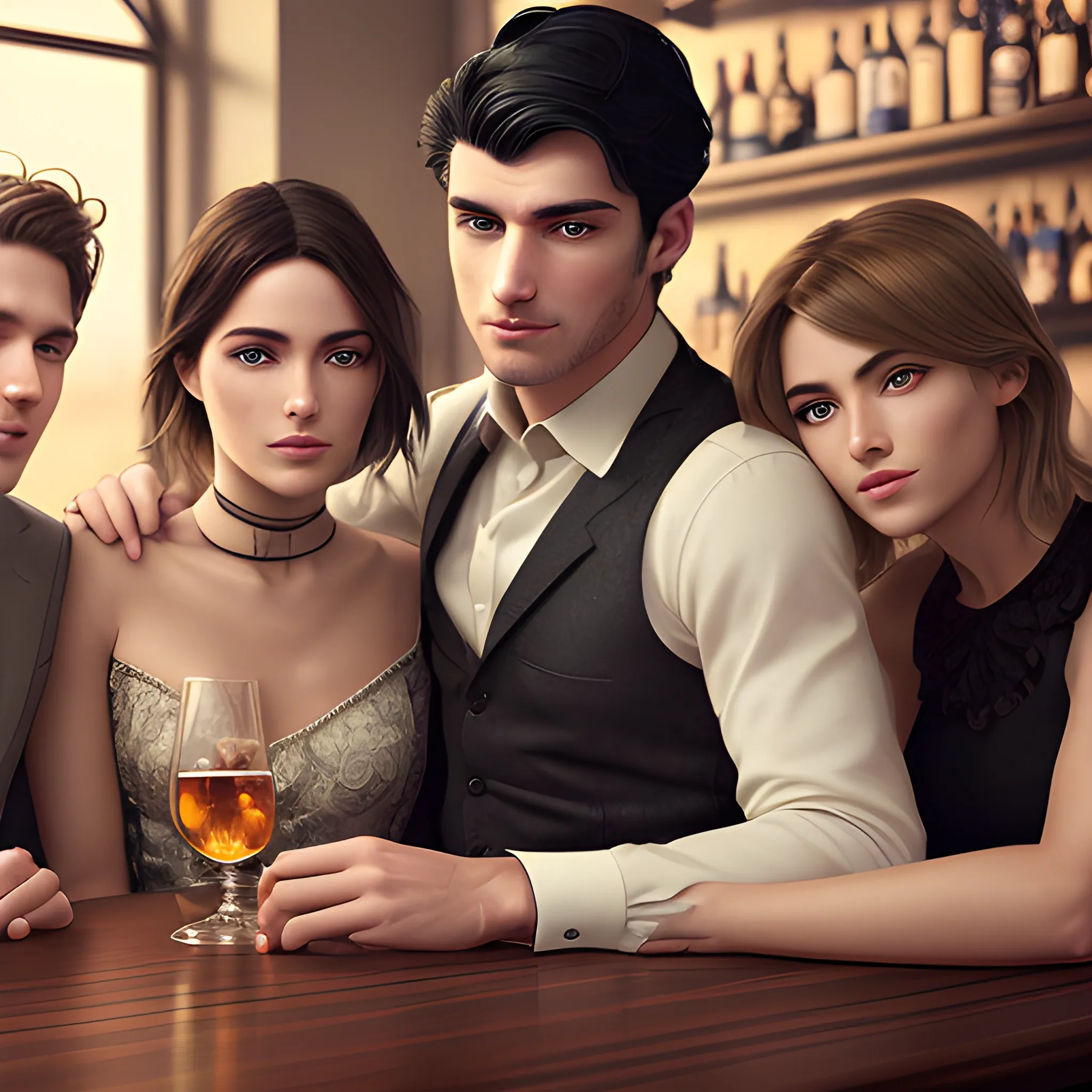 create a high definition photo of a group of 4 friends hanging out in a bar, smiling and drinking whiskey, the group of friends is made up of 2 men and 2 women, (the women are characterized: a woman with green and brown hair, the second woman is blonde, the women wear fashionable clothes, have beautiful eyes, and their faces are angelic), (the men have black hair, the men are elegant, fashionable men, manly face, athletic bodies), the characteristics of the image They are: realistic faces, real skin, realistic face, realistic skin, detailed eyes, detailed facial features, detailed clothing features, fashionable clothes, fashionable hairstyle, dynamic poses, looking at viewer, simple background, smile, detailed face. Realistic Image, Photorealistic, Award Winning Illustration, Delicate Detail, Intricate Details, Cinematic Light, Best Quality Backlight, Clear Line, Sharp Focus, Official Art, Drive 8k Wallpapers, High Image Resolution, Ultra Detailed, High Resolution, extremely detailed, extremely delicate and beautiful, RAW photo, professional lighting, dynamic lighting, light on face, depth of field, single focus, full body, slender. high definition photography