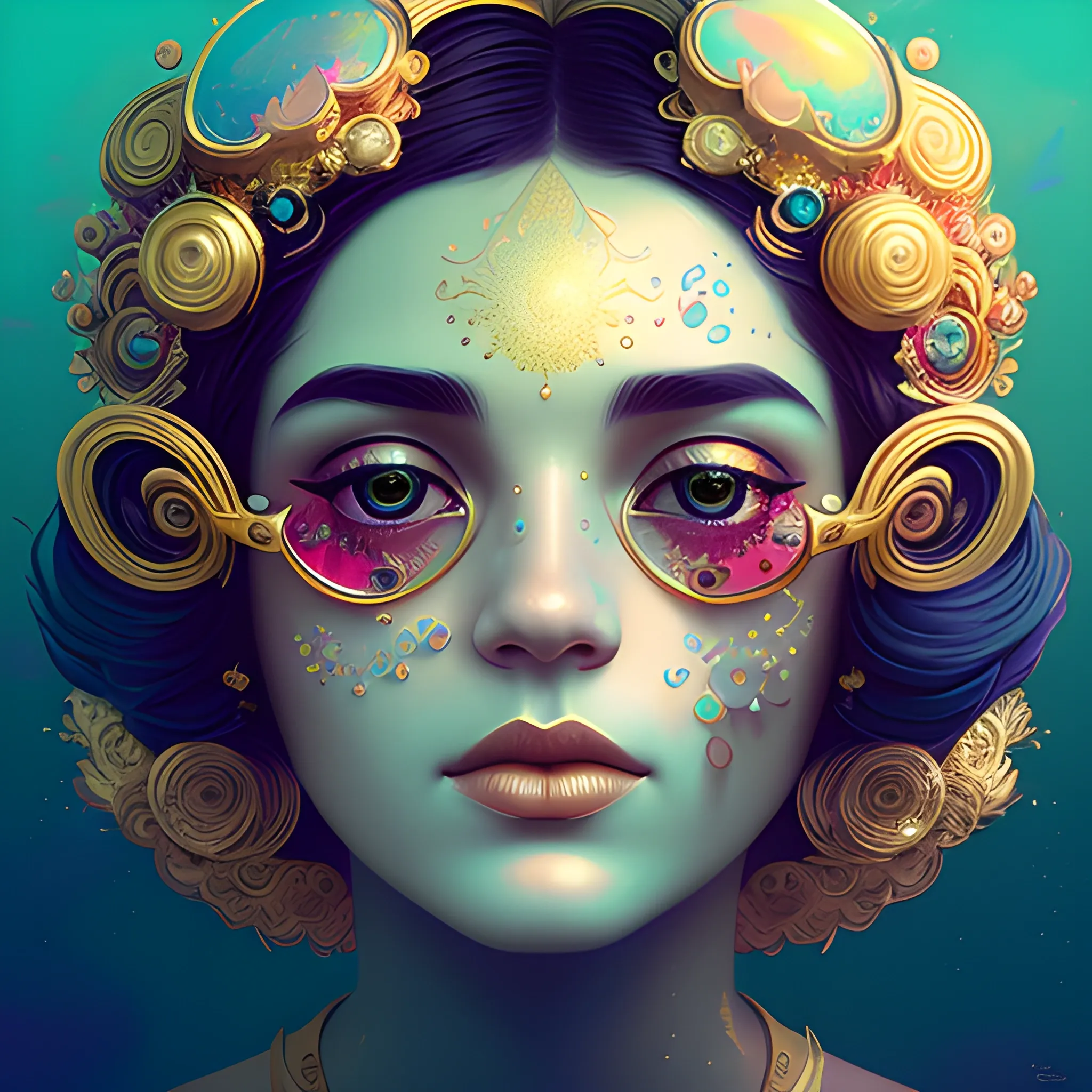 Flowery beautiful face with gold jewellery, by petros afshar, ross tran, Tom Bagshaw, tom whalen, underwater bubbly psychedelic clouds, Anaglyph 3D lens blur effect