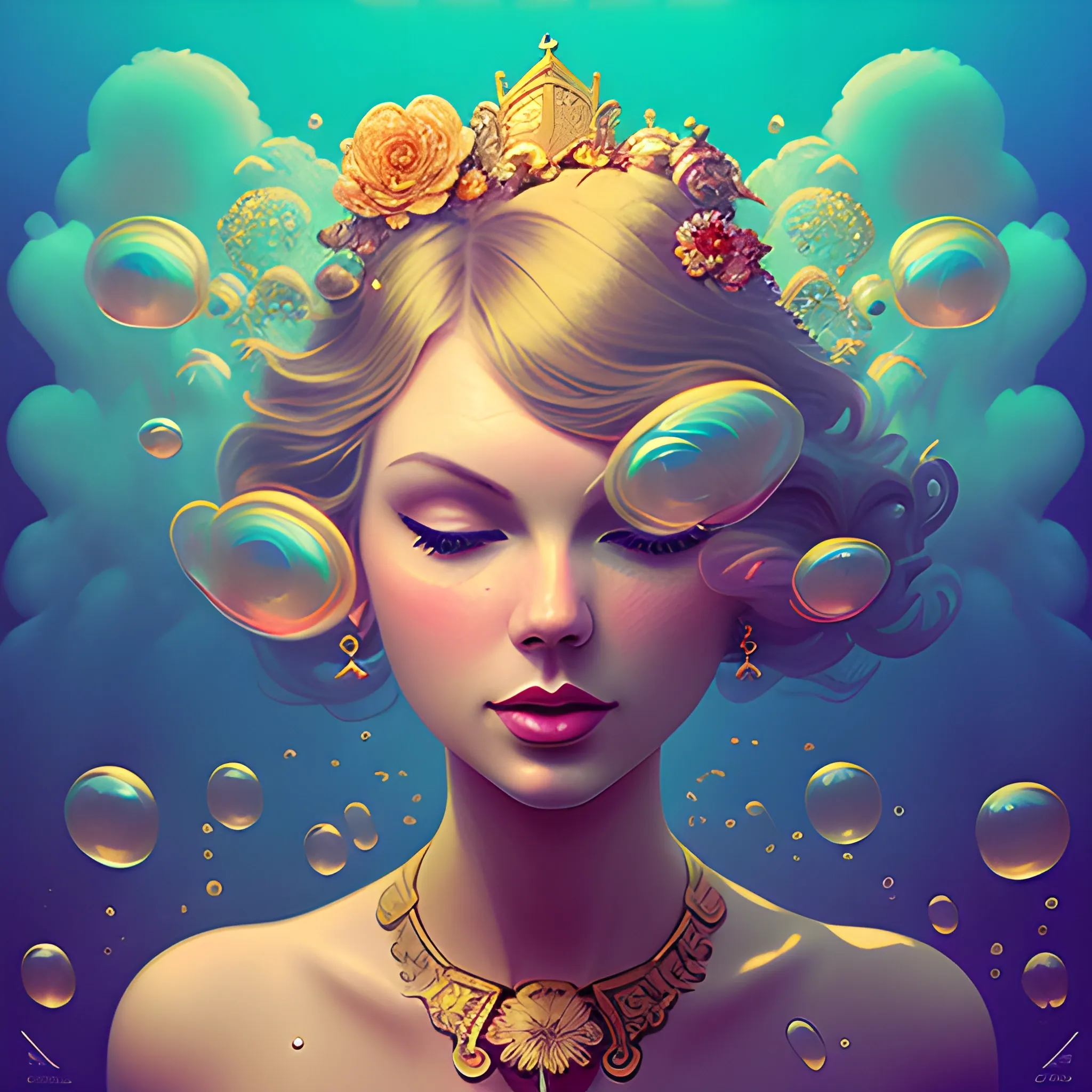 Flowery beautiful face like Taylor swift with gold jewellery, by petros afshar, ross tran, Tom Bagshaw, tom whalen, underwater bubbly psychedelic clouds, Anaglyph 3D lens blur effect