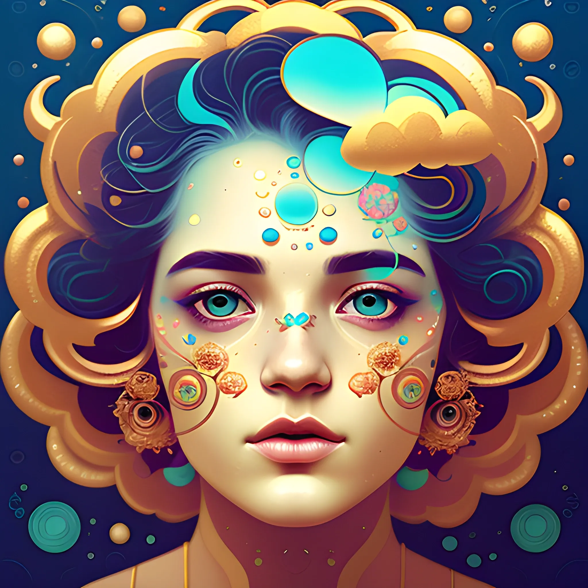 Flowery beautiful face with gold jewellery, by petros afshar, ross tran, Tom Bagshaw, tom whalen, underwater bubbly psychedelic clouds, Anaglyph 3D lens blur effect