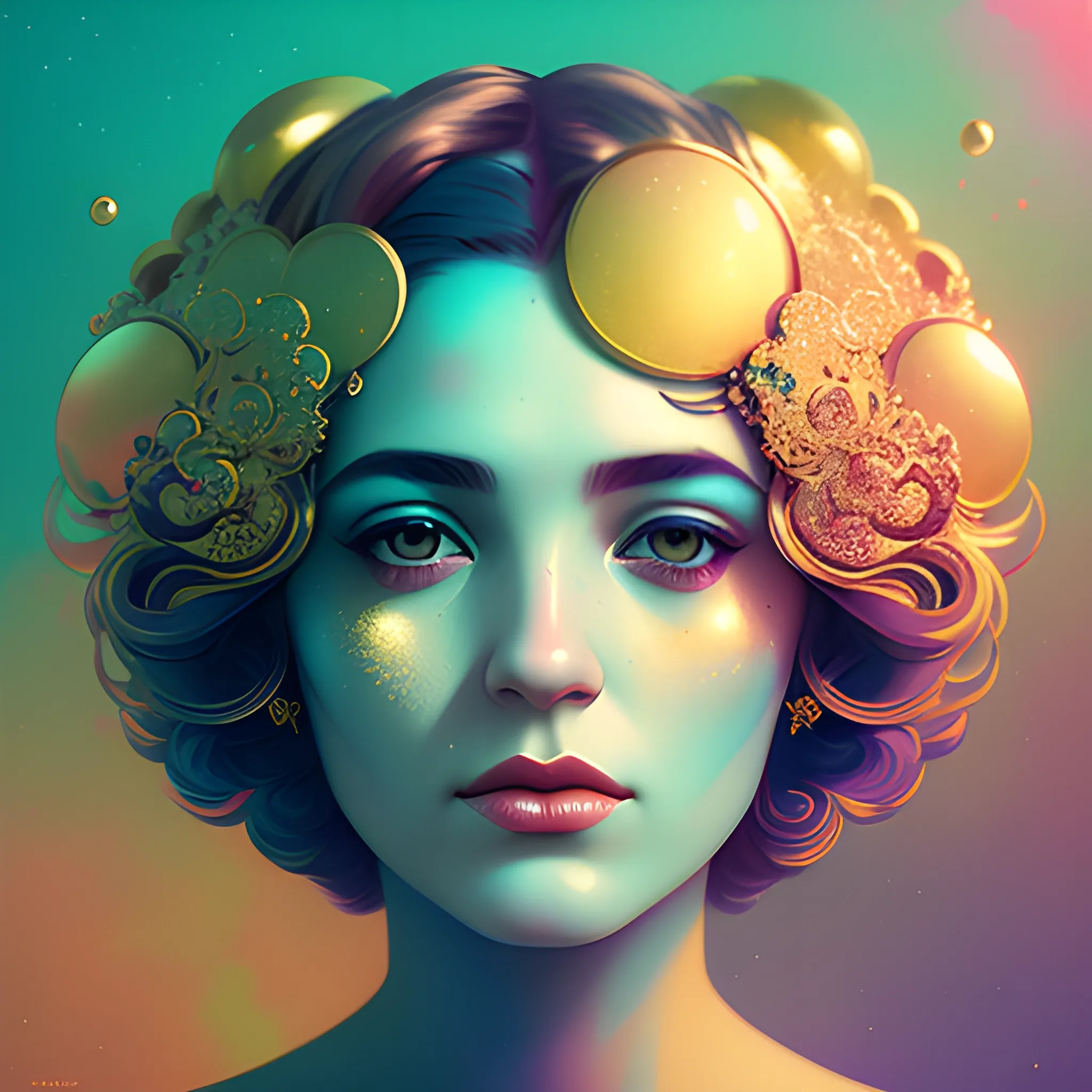 Flowery beautiful face with gold jewellery, by petros afshar, ross tran, Tom Bagshaw, tom whalen, underwater bubbly psychedelic clouds, Anaglyph 3D lens blur effect