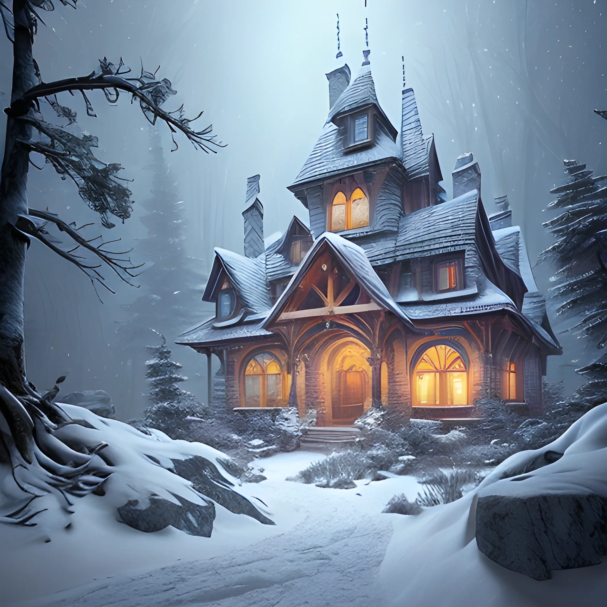 strong snowstorm,a pile of cracked stone snow-flurry, night, winter, forest in winter, high fantasy, 8k, high resolution, high quality, photorealistic, hyperrealistic, detailed, detailed matte painting, deep color, fantastical, intricate detail, splash screen, complementary colors, fantasy concept art, 8k resolution trending on Artstation Unreal Engine, Trippy, Trippy