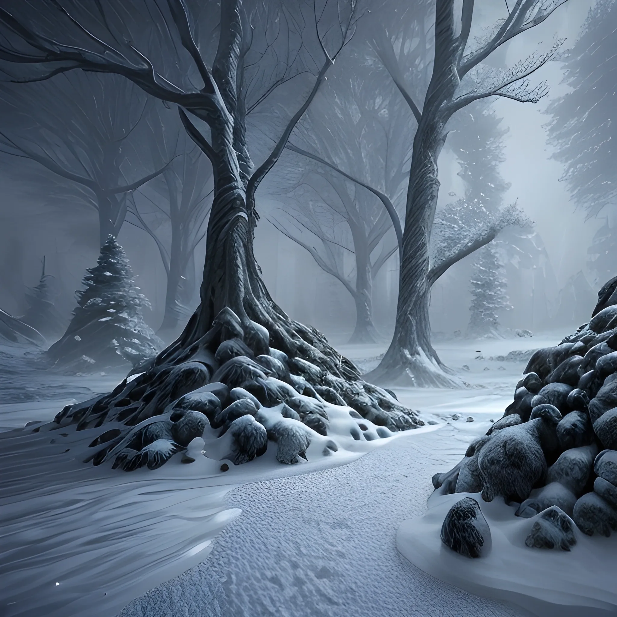 strong snowstorm,a pile of cracked stone snow-flurry, night, winter, forest in winter, high fantasy, 8k, high resolution, high quality, photorealistic, hyperrealistic, detailed, detailed matte painting, deep color, fantastical, intricate detail, splash screen, complementary colors, fantasy concept art, 8k resolution trending on Artstation Unreal Engine, Trippy, Trippy