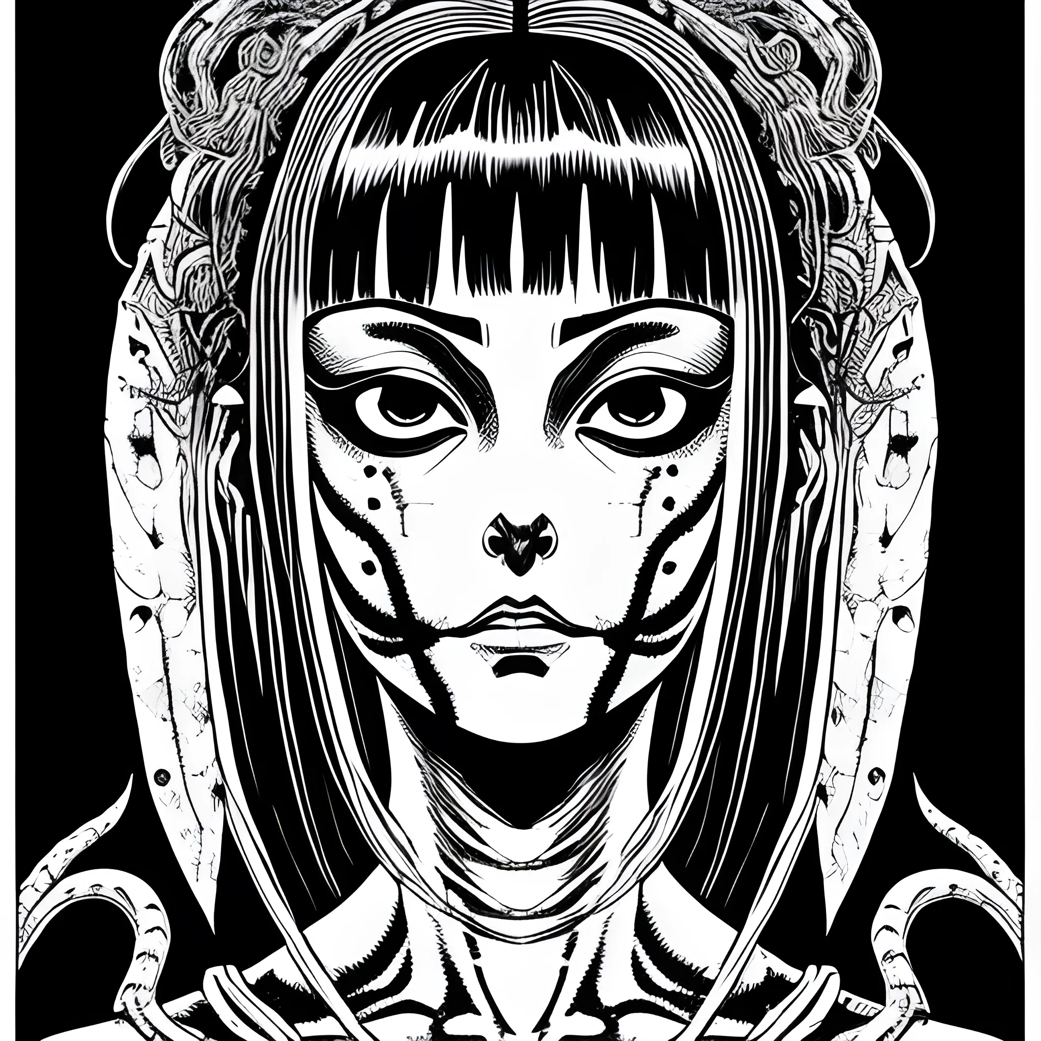 Portrait of Cleopatra surrounded by shadows and monsters, eerie and haunted atmosphere, in Junji Ito style, horror manga, black and white inked, detailed, sharp focus, trending on ArtStation, by Junji Ito, Ally Burke, Laurie Greasley, and Chet Zar. The portrait is highly detailed and intricate, with a dark and unsettling atmosphere that captures the essence of Junji Ito's horror manga. The use of black and white inked lines creates a stark contrast that adds to the chilling feeling of the portrait. A must-see for fans of Junji Ito's work.