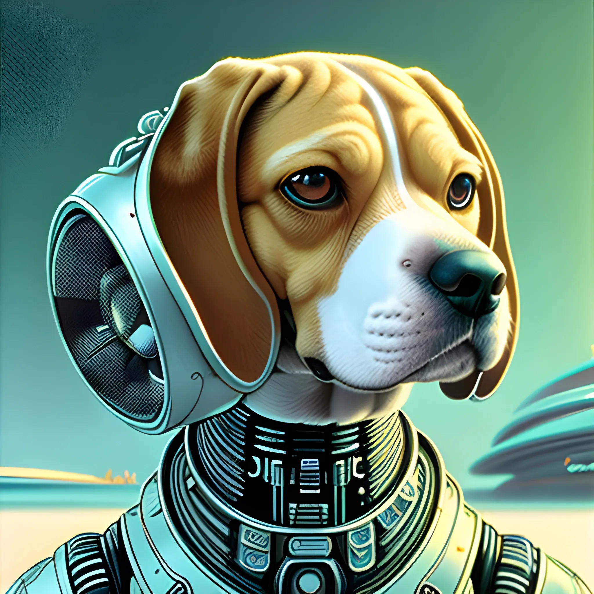 Beagle dog close-up portrait, classic sci-fi illustration, bionic futurism, me, funky, outrageous, space-age, futuristic city, elaborate details, painting, fascinating futuristic architecture, 8k uhd, dslr, soft lighting, high quality, film grain by moebius.