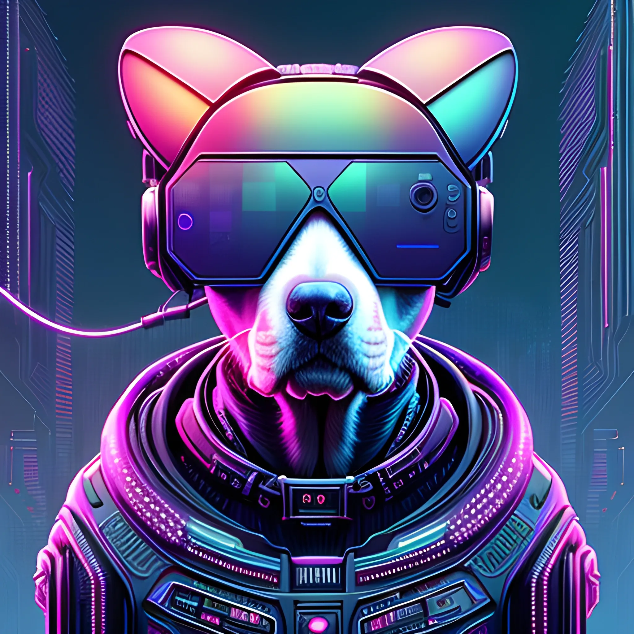 Silicon valley virtual reality 10 th anniversary, beagle dog with glasses, cyberpunk art by android jones, cyberpunk art by beeple, synthwave, darksynth, quantum tracerwave, wireframes