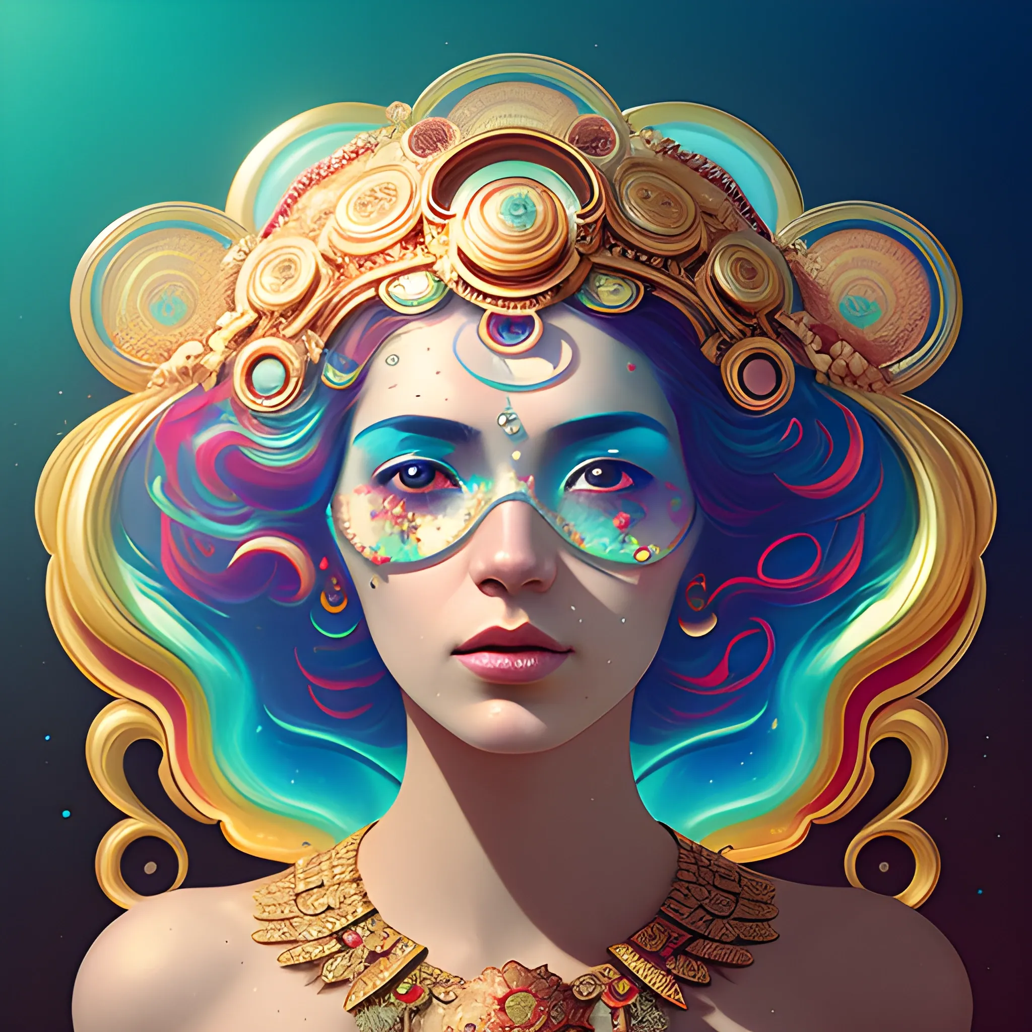 Flowery beautiful face with gold jewellery, by petros afshar, ross tran, Tom Bagshaw, tom whalen, underwater bubbly psychedelic clouds, Anaglyph 3D lens blur effect