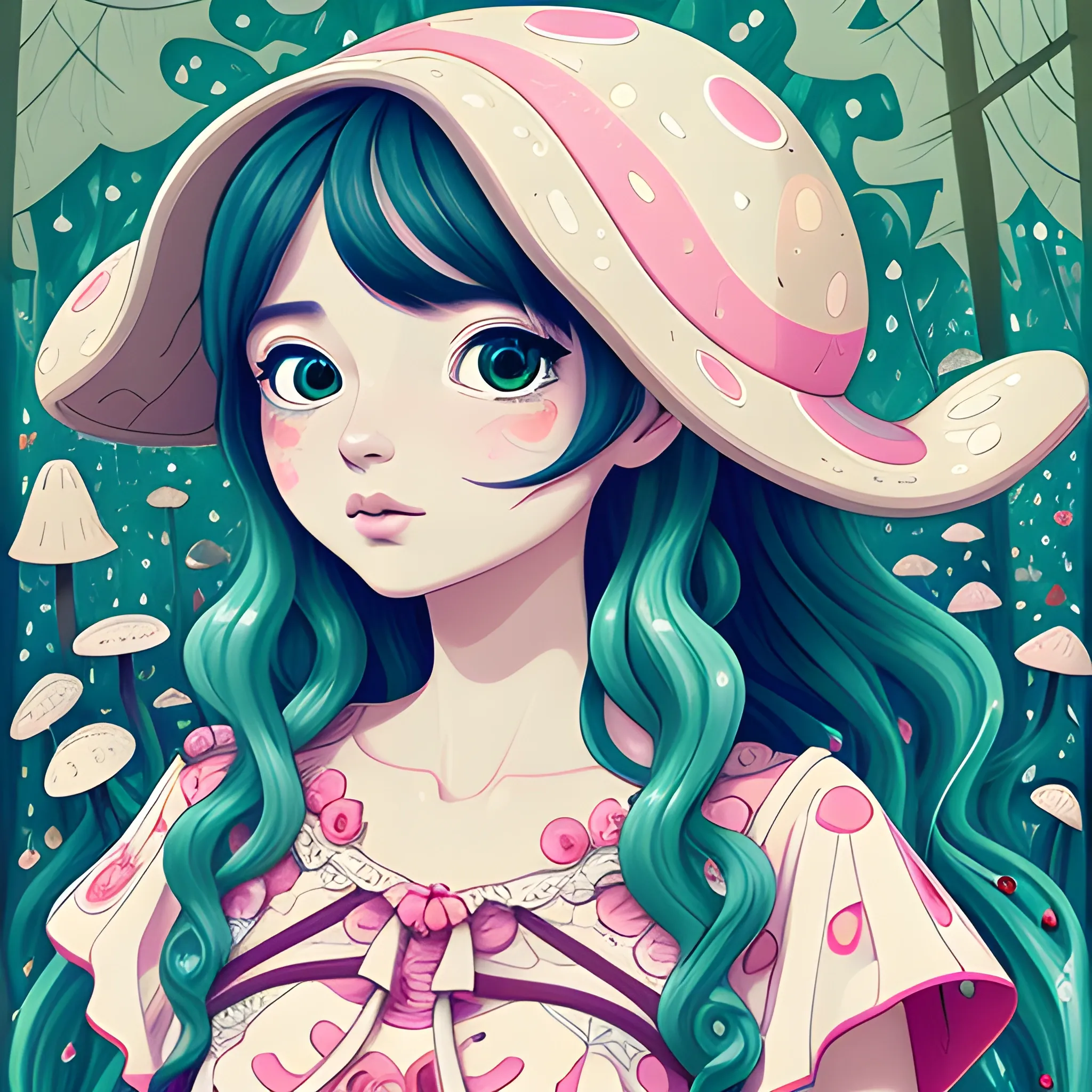 Lorena Damián, close-up, illustration of me, in the forest, in the style of Fairy Kei, anime-influenced, delicate curved brushstrokes, surrounded by mushrooms, fluid organic forms, wildly stylistic, trending on deviantart, trending on artstation, bright colors, 2d game design, intricate details