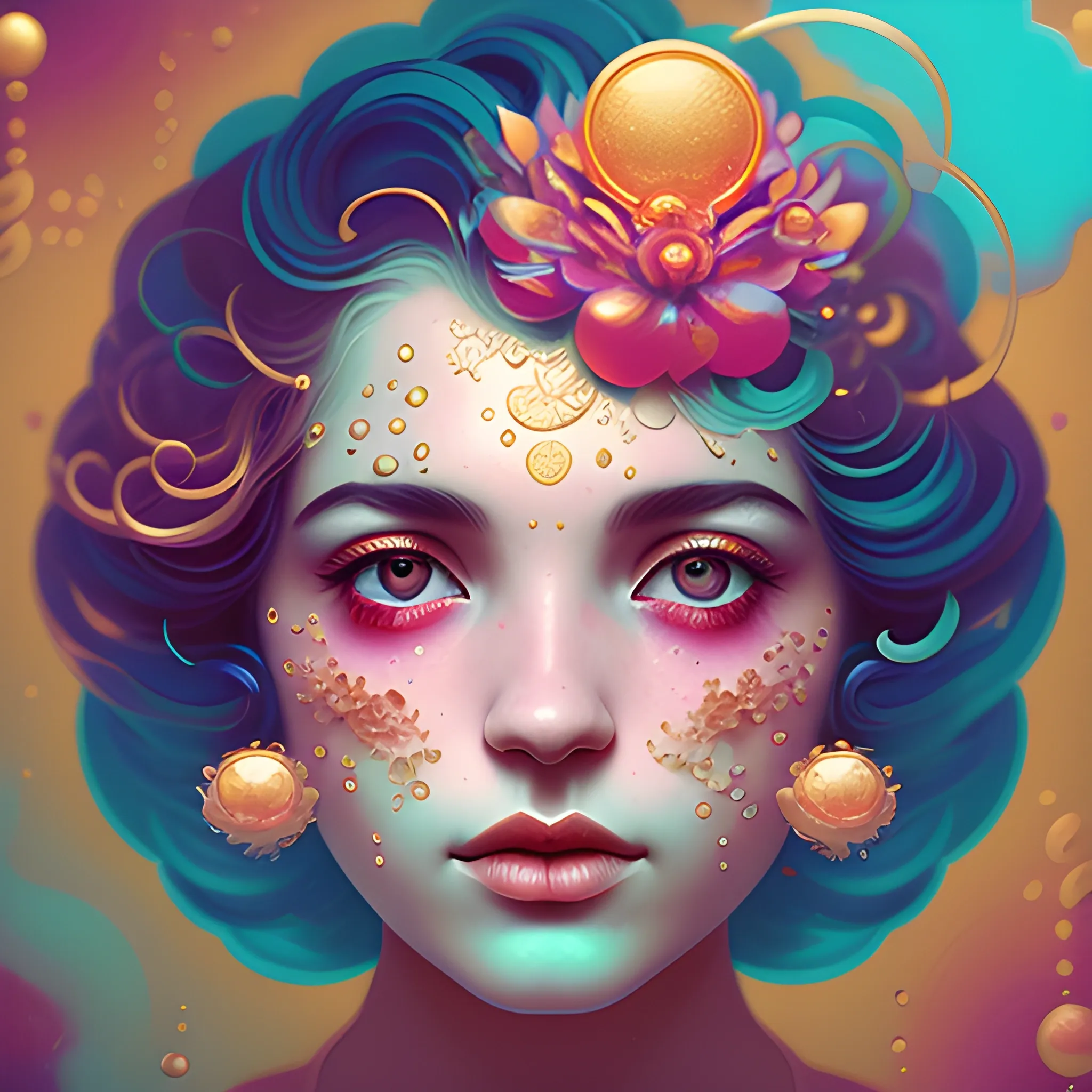 Flowery beautiful face with gold jewellery, by petros afshar, ross tran, Tom Bagshaw, tom whalen, underwater bubbly psychedelic clouds, Anaglyph 3D lens blur effect