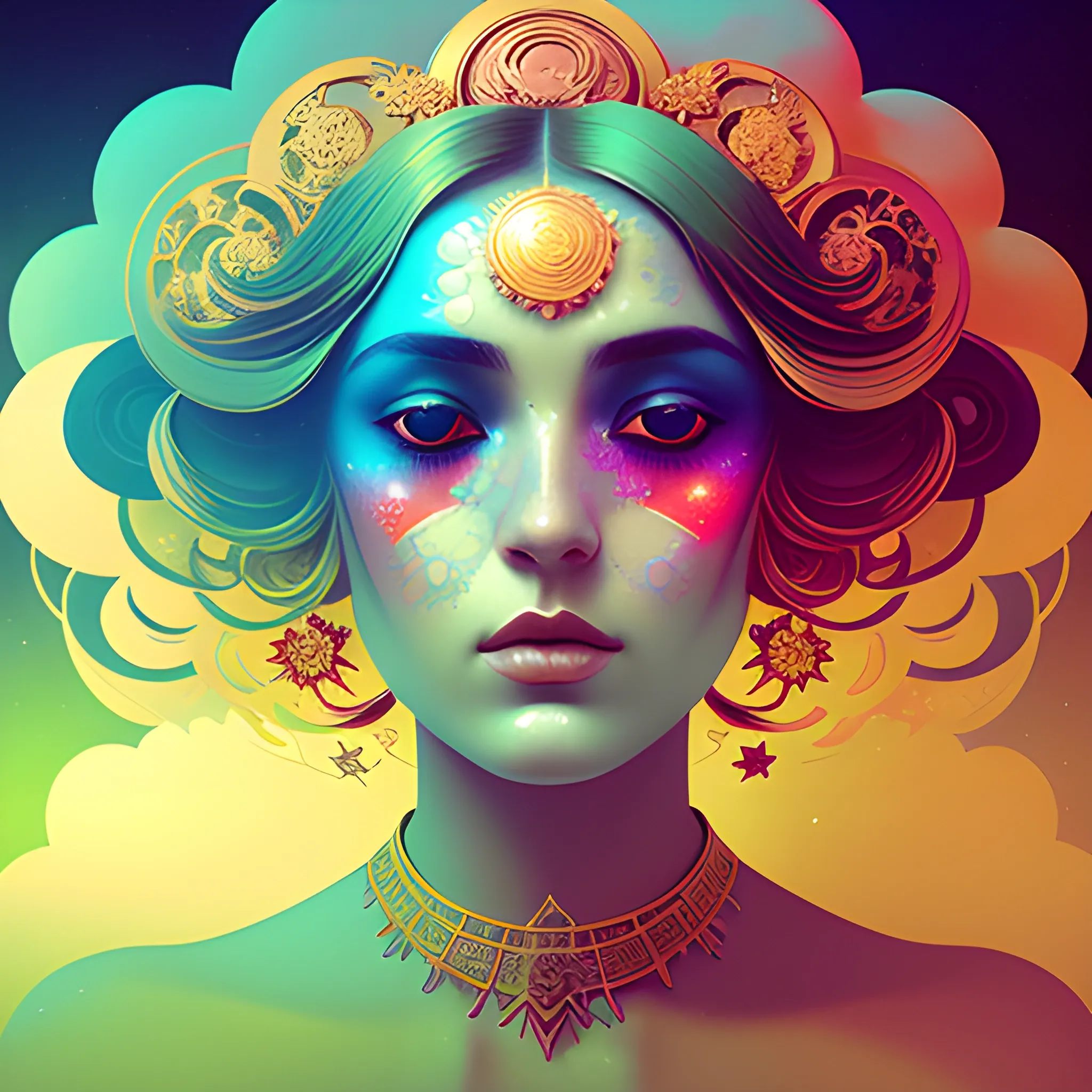 Flowery beautiful face with gold jewellery, by petros afshar, ross tran, Tom Bagshaw, tom whalen, underwater bubbly psychedelic clouds, Anaglyph 3D lens blur effect