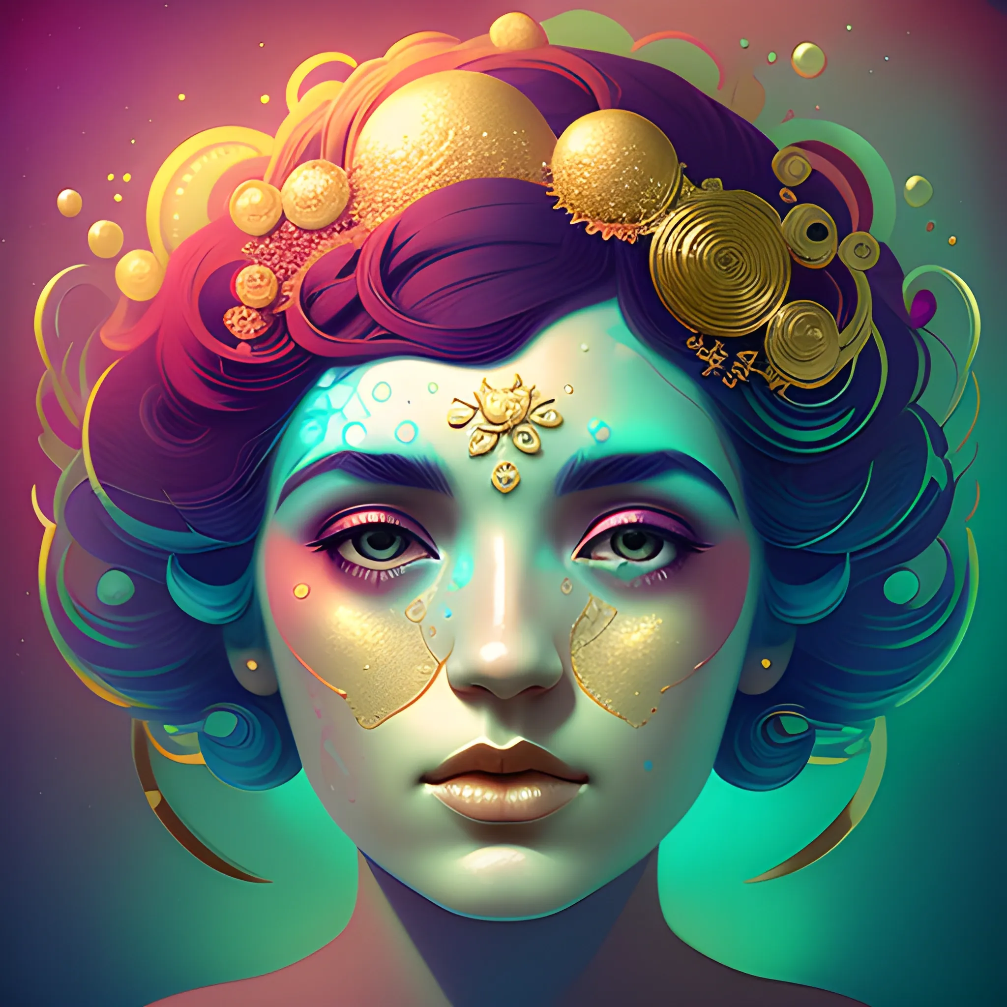 Flowery beautiful face with gold jewellery, by petros afshar, ross tran, Tom Bagshaw, tom whalen, underwater bubbly psychedelic clouds, Anaglyph 3D lens blur effect