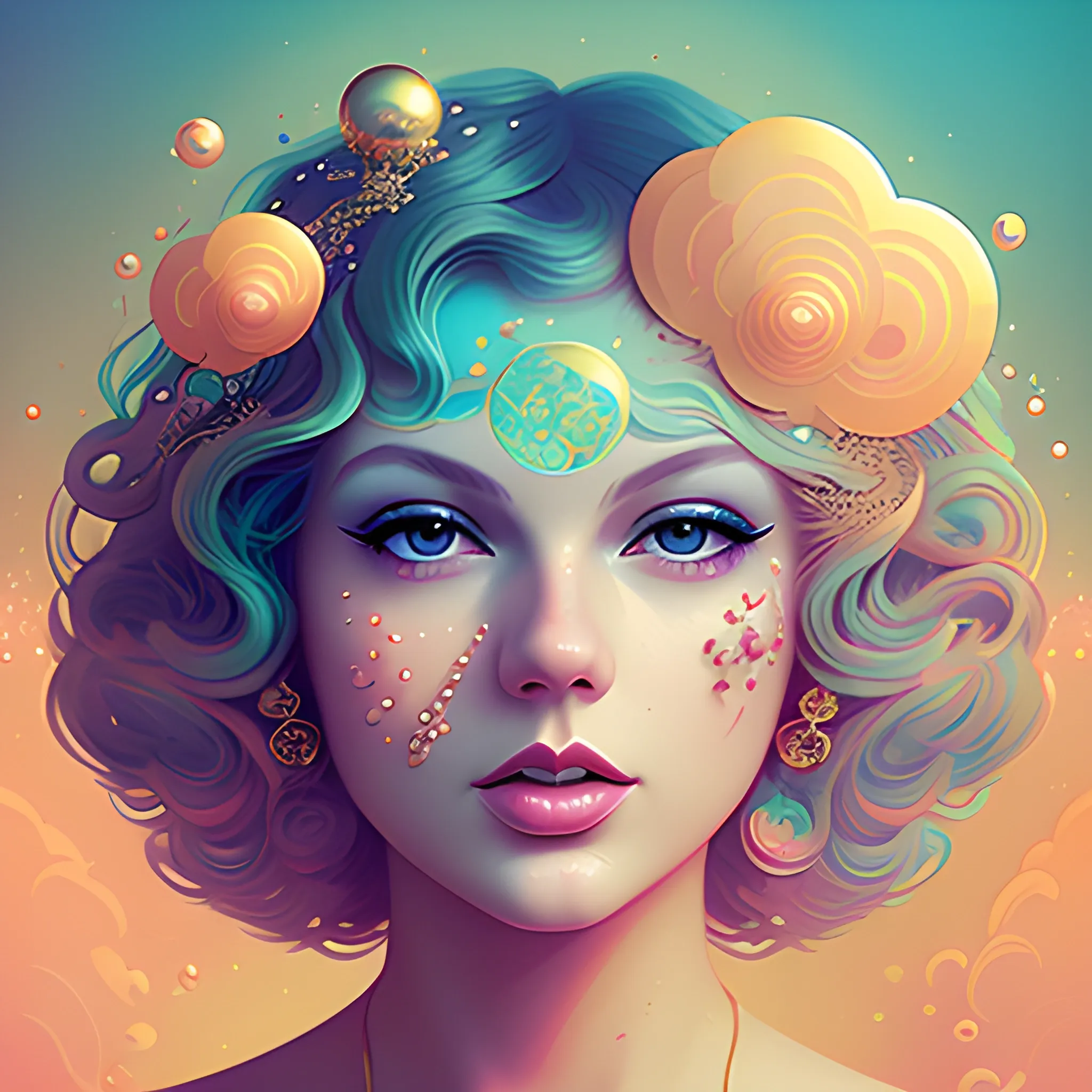 Flowery beautiful face like Taylor swift folklore era with gold jewellery, by petros afshar, ross tran, Tom Bagshaw, tom whalen, underwater bubbly psychedelic clouds, Anaglyph 3D lens blur effect