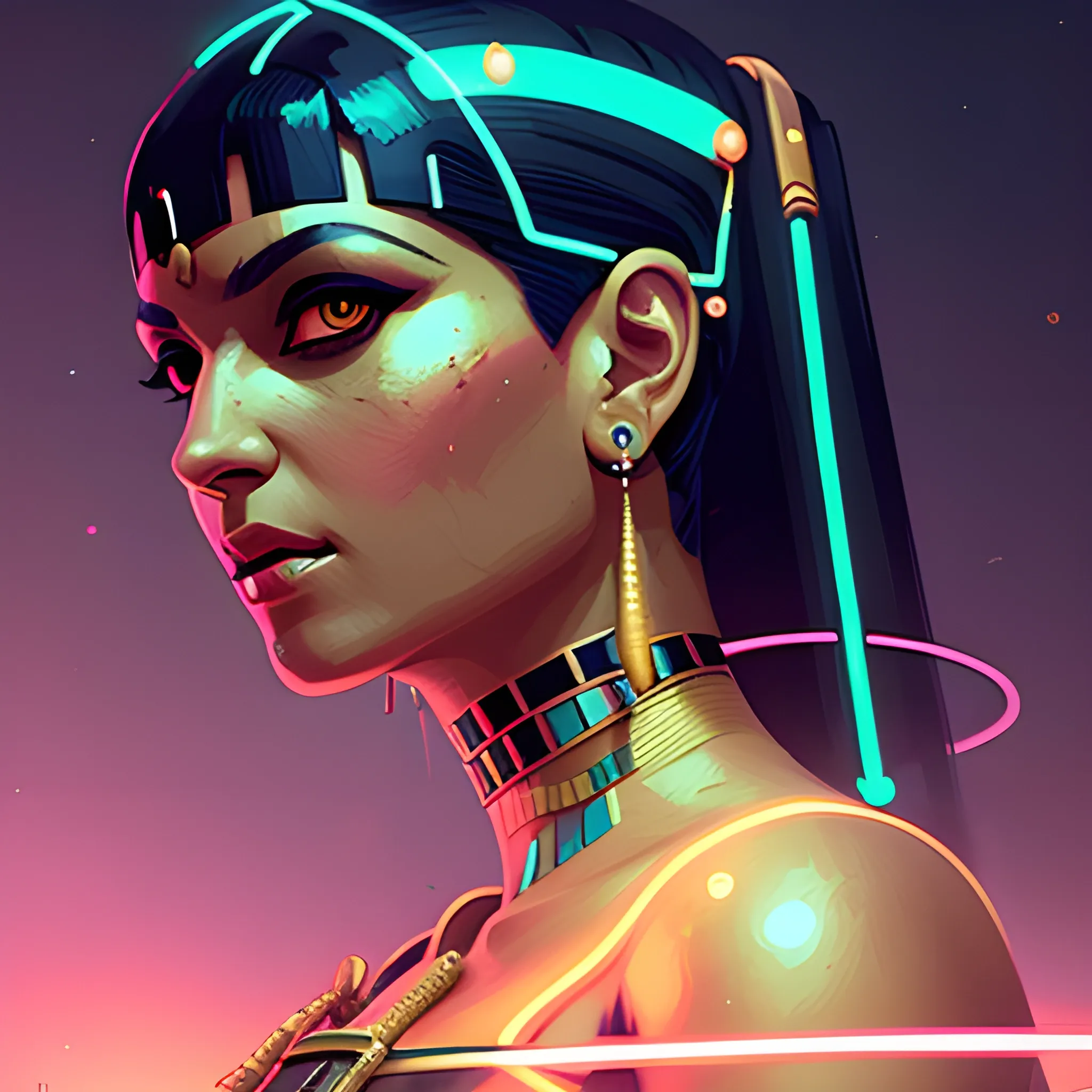close up digital painting of Cleopatra by greg rutkowski neon cyberpunk