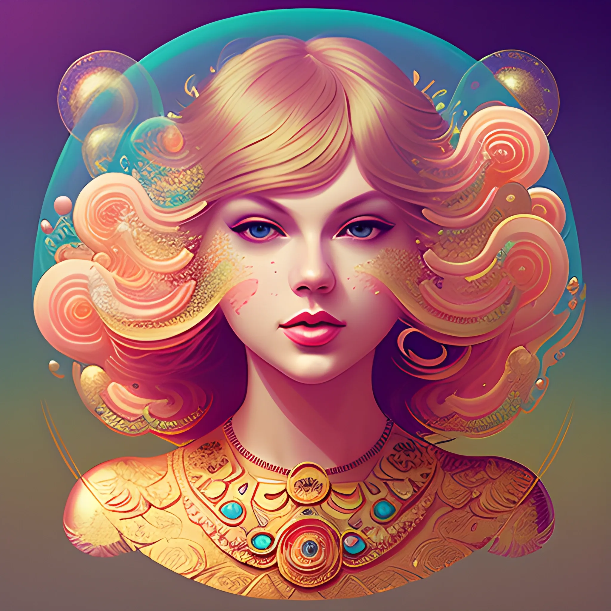 Flowery beautiful face like Taylor swift folklore era with gold jewellery, by petros afshar, ross tran, Tom Bagshaw, tom whalen, underwater bubbly psychedelic clouds, Anaglyph 3D lens blur effect