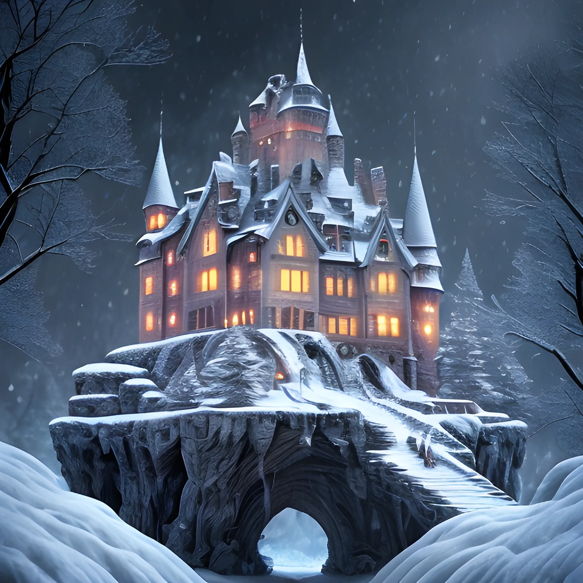 strong snowstorm,a pile of cracked stone snow-flurry, Destroyed castle, night, winter, forest in winter, high fantasy, 8k, high resolution, high quality, photorealistic, hyperrealistic, detailed, detailed matte painting, deep color, fantastical, intricate detail, splash screen, complementary colors, fantasy concept art, 8k resolution trending on Artstation Unreal Engine, Trippy, Trippy