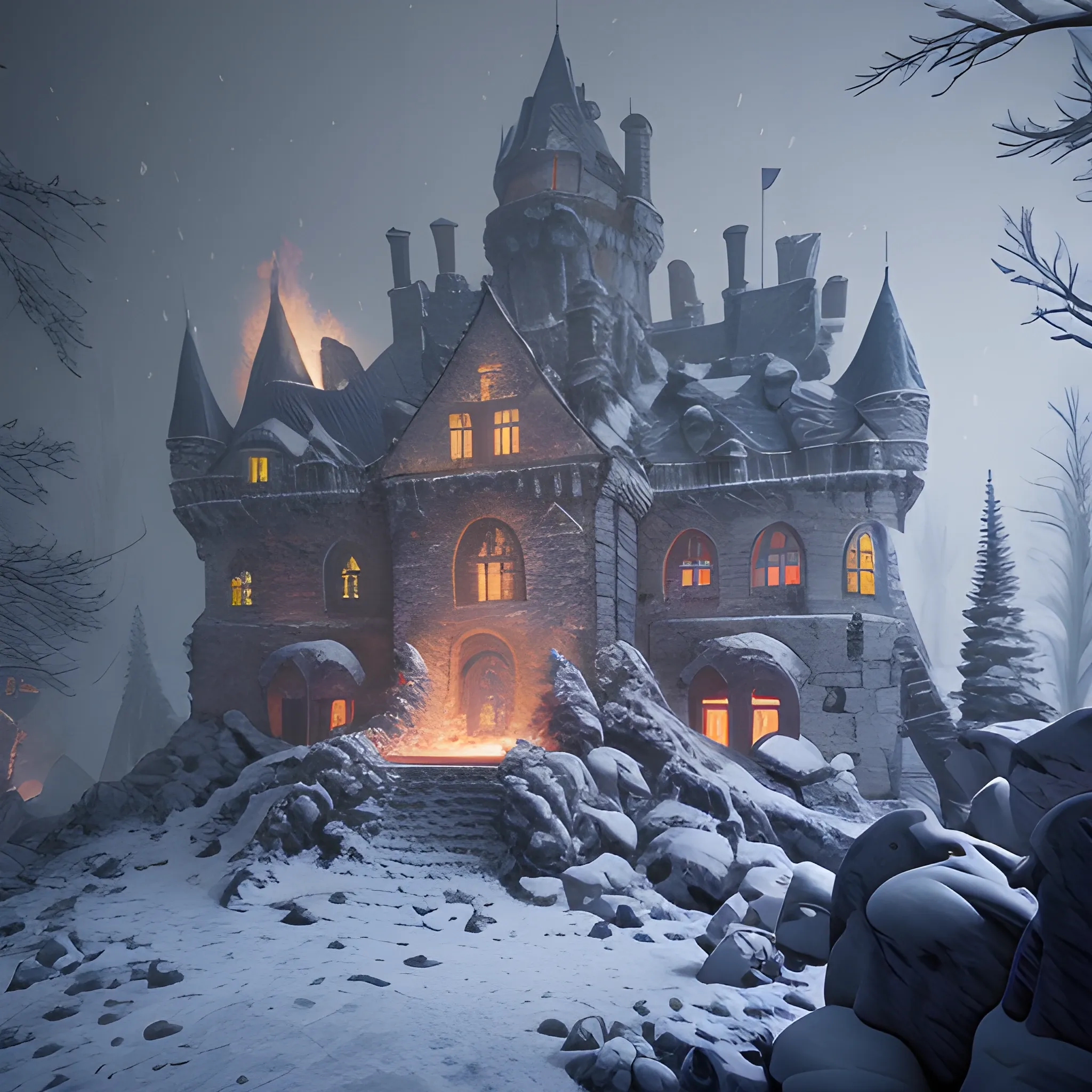 strong snowstorm,a pile of cracked stone snow-flurry, Destroyed burning old castle, night, winter, forest in winter, high fantasy, 8k, high resolution, high quality, photorealistic, hyperrealistic, detailed, detailed matte painting, deep color, fantastical, intricate detail, splash screen, complementary colors, fantasy concept art, 8k resolution trending on Artstation Unreal Engine, Trippy, Trippy