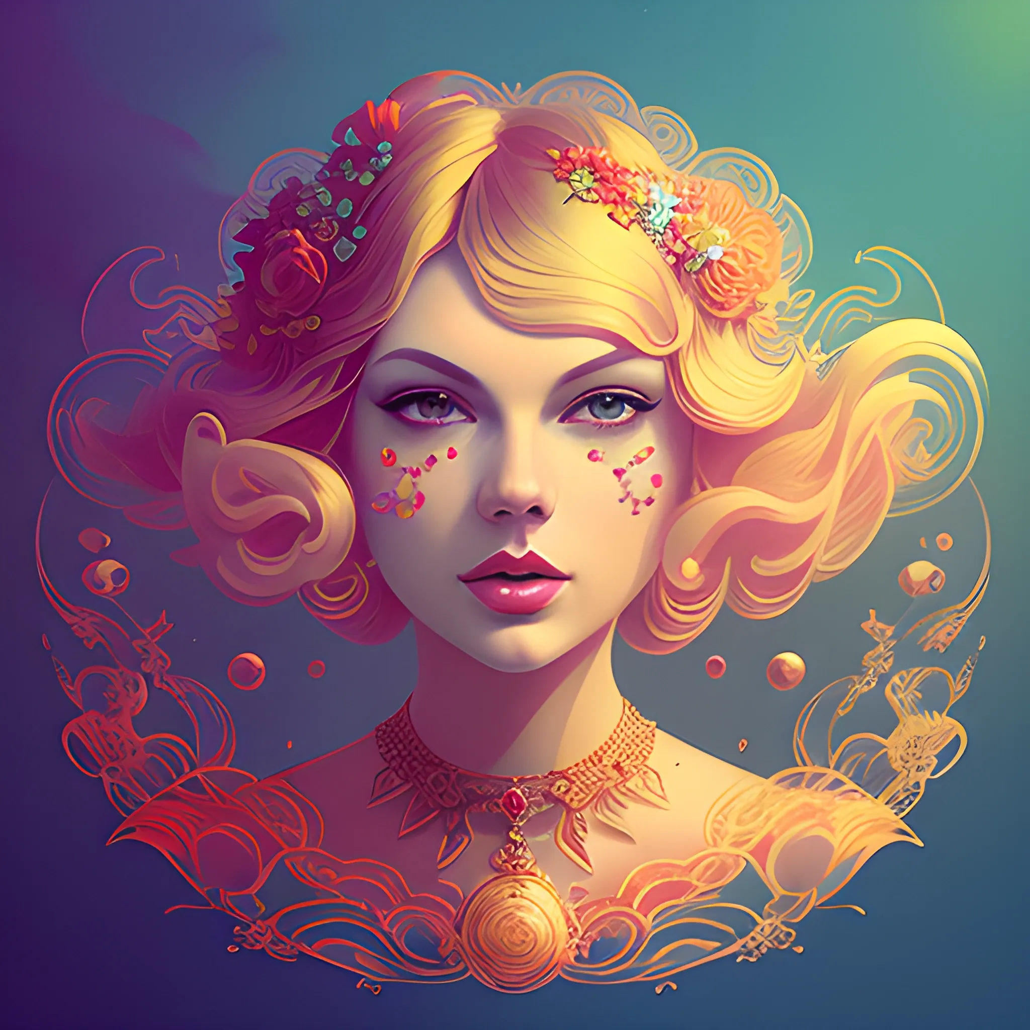 Flowery beautiful face like Taylor swift folklore era with gold jewellery, by petros afshar, ross tran, Tom Bagshaw, tom whalen, underwater bubbly psychedelic clouds, Anaglyph 3D lens blur effect