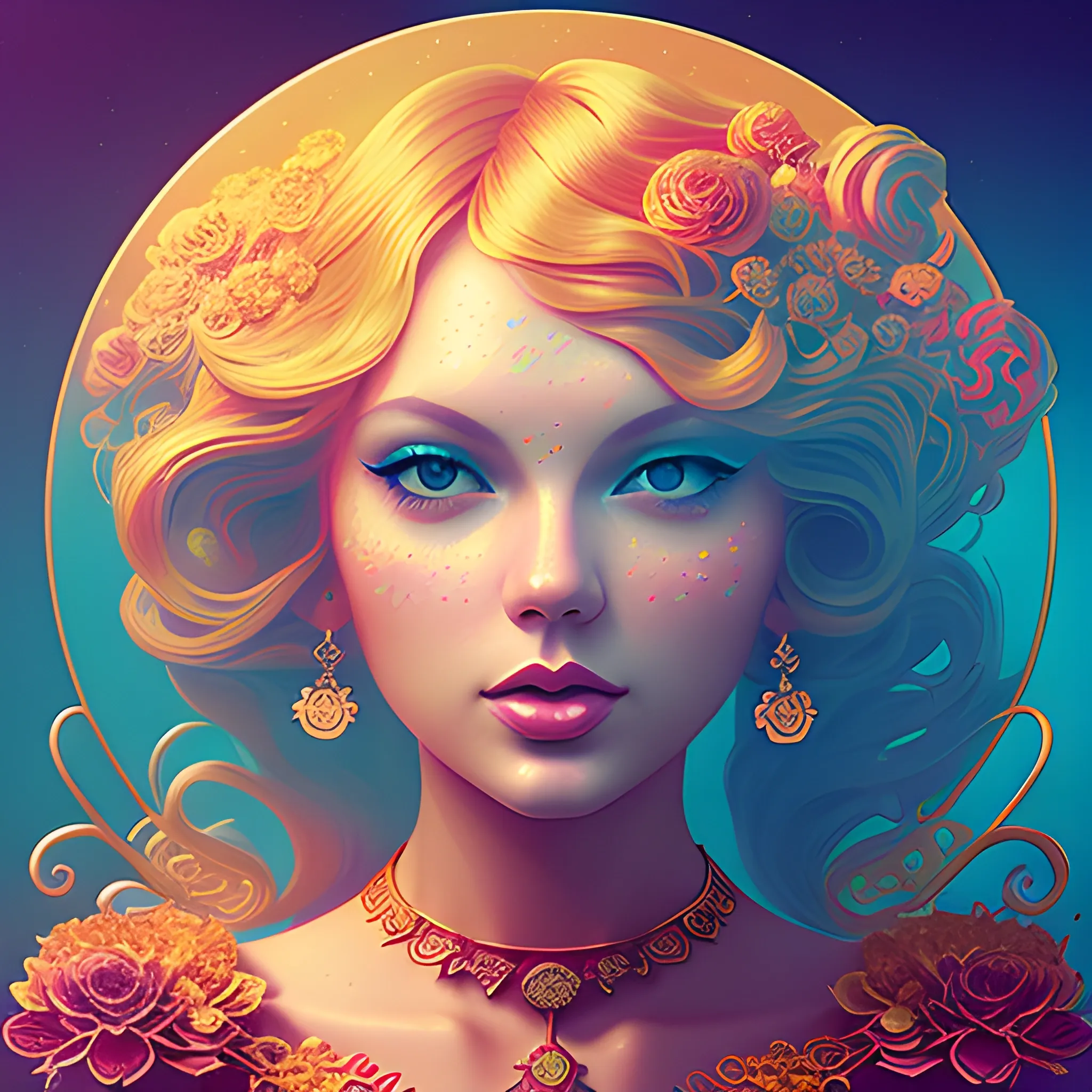 Flowery beautiful face like Taylor swift folklore era with gold jewellery, by petros afshar, ross tran, Tom Bagshaw, tom whalen, underwater bubbly psychedelic clouds, Anaglyph 3D lens blur effect