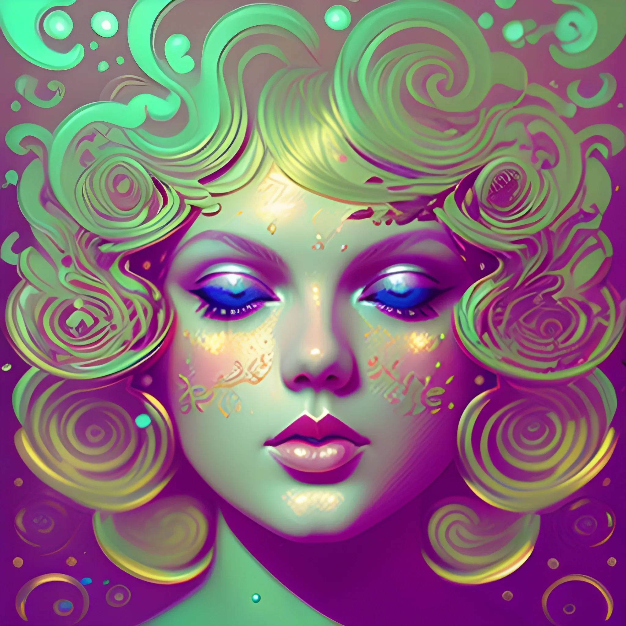 Flowery beautiful face like Taylor swift folklore era with gold jewellery, by petros afshar, ross tran, Tom Bagshaw, tom whalen, underwater bubbly psychedelic clouds, Anaglyph 3D lens blur effect