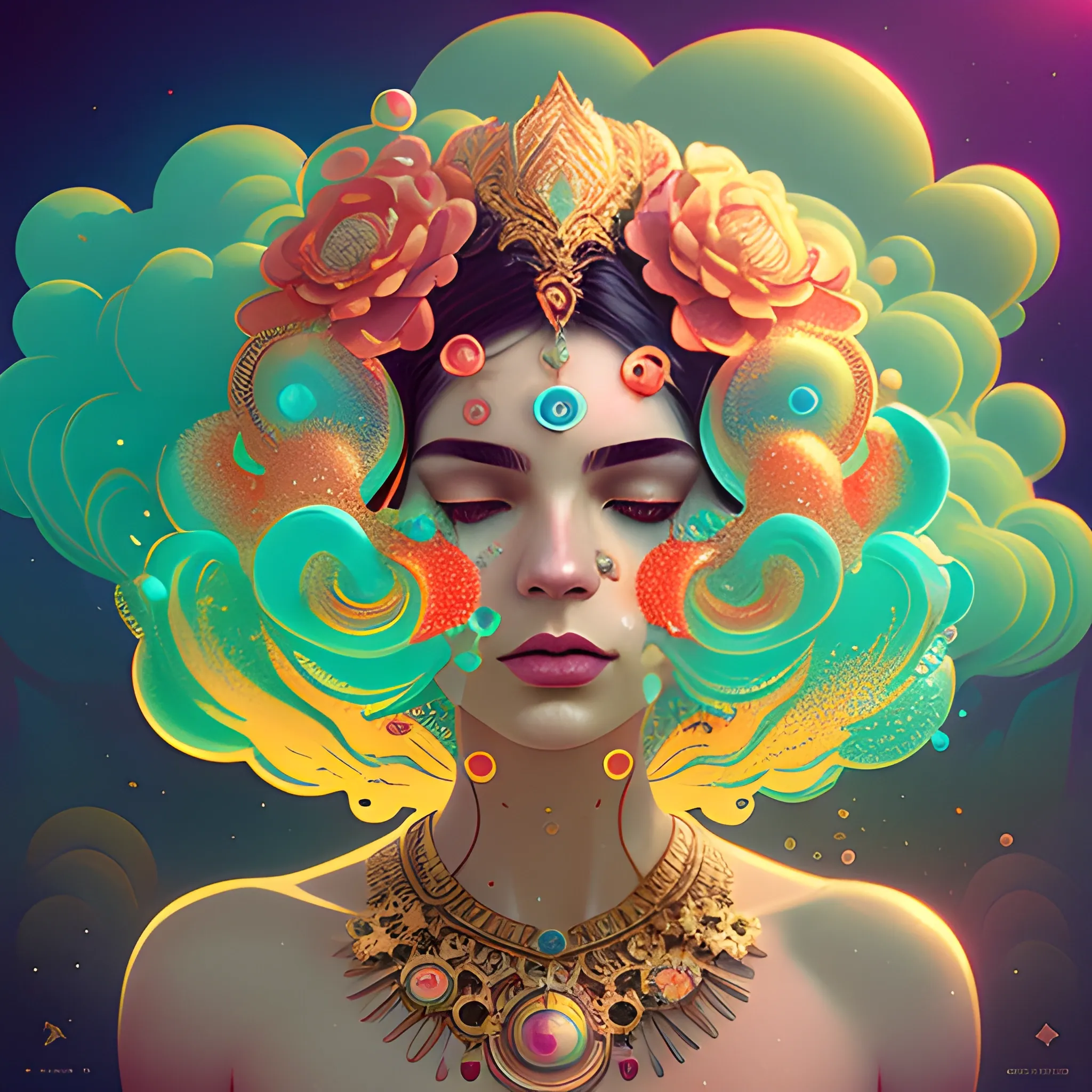 Flowery beautiful face with gold jewellery, by petros afshar, ross tran, Tom Bagshaw, tom whalen, underwater bubbly psychedelic clouds, Anaglyph 3D lens blur effect