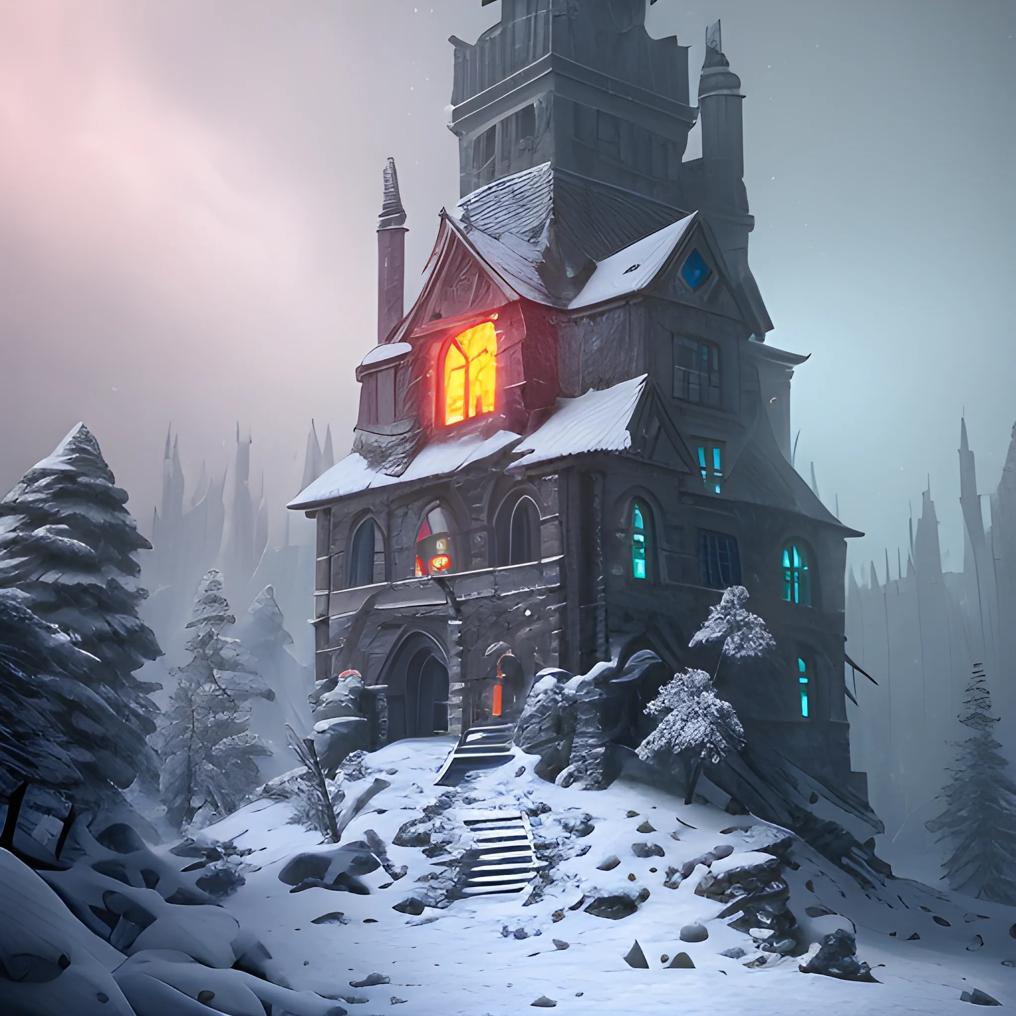 strong snowstorm,a pile of cracked stone snow-flurry, Destroyed burning really old old broken tower
, night, winter, forest in winter, high fantasy, 8k, high resolution, high quality, photorealistic, hyperrealistic, detailed, detailed matte painting, deep color, fantastical, intricate detail, splash screen, complementary colors, fantasy concept art, 8k resolution trending on Artstation Unreal Engine, Trippy, Trippy