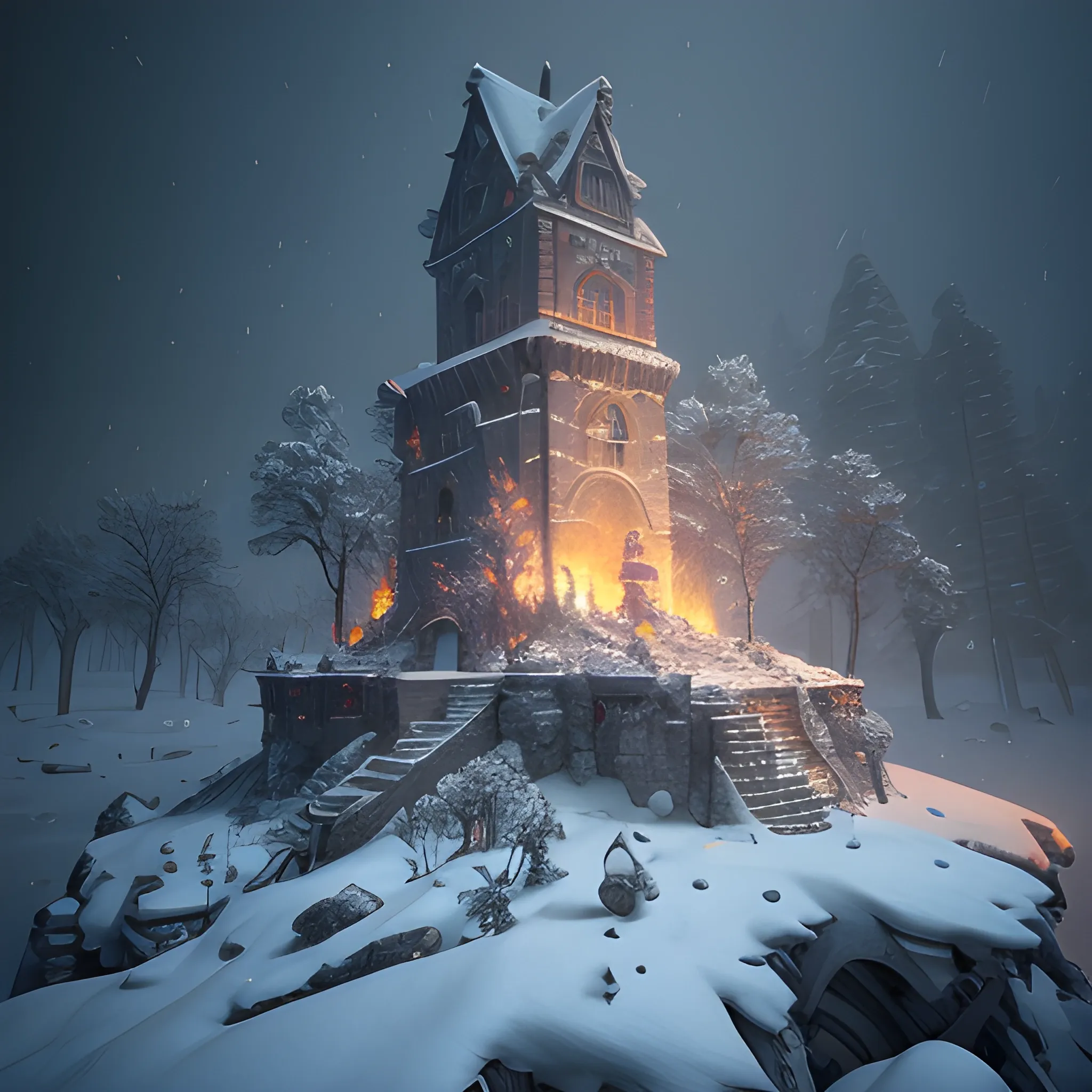 strong snowstorm,a pile of cracked stone snow-flurry, Destroyed burning really old old broken tower melting
, night, winter, forest in winter, high fantasy, 8k, high resolution, high quality, photorealistic, hyperrealistic, detailed, detailed matte painting, deep color, fantastical, intricate detail, splash screen, complementary colors, fantasy concept art, 8k resolution trending on Artstation Unreal Engine, Trippy, Trippy