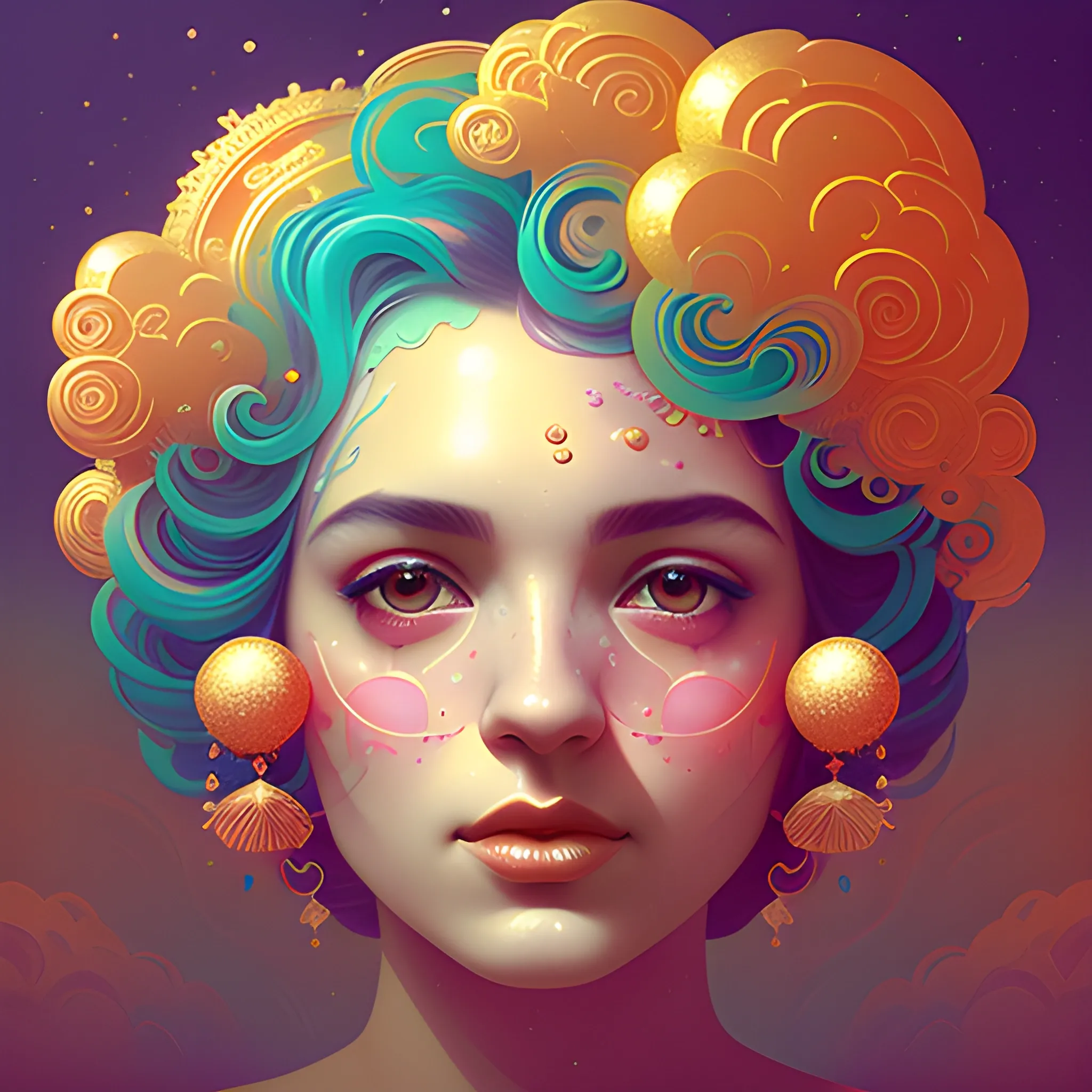 Flowery beautiful face with gold jewellery, by petros afshar, ross tran, Tom Bagshaw, tom whalen, underwater bubbly psychedelic clouds, Anaglyph 3D lens blur effect