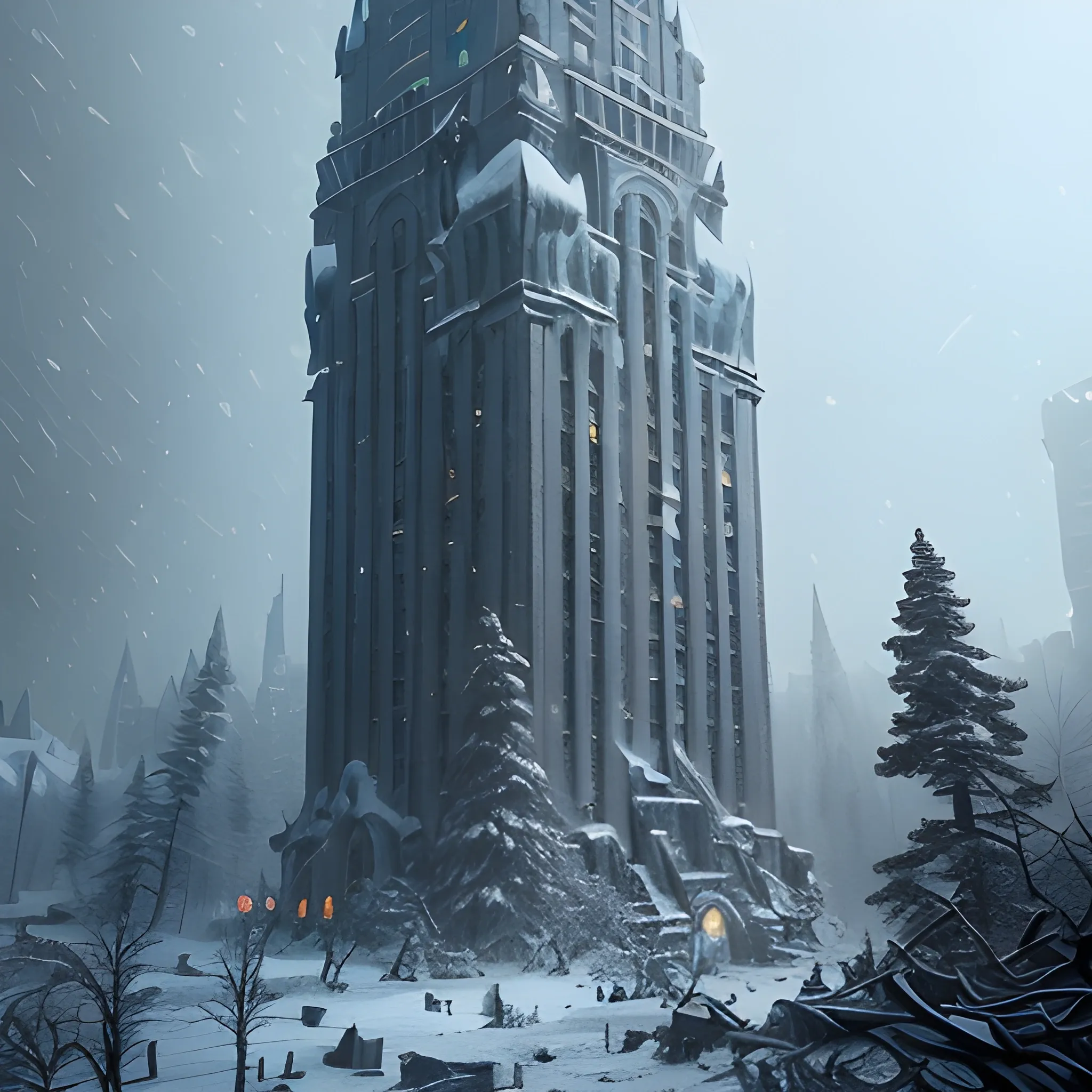 strong snowstorm,a pile of cracked stone snow-flurry, Destroyed burning really old old broken mid century tower melting
, night, winter, forest in winter, high fantasy, 8k, high resolution, high quality, photorealistic, hyperrealistic, detailed, detailed matte painting, deep color, fantastical, intricate detail, splash screen, complementary colors, fantasy concept art, 8k resolution trending on Artstation Unreal Engine, Trippy, Trippy